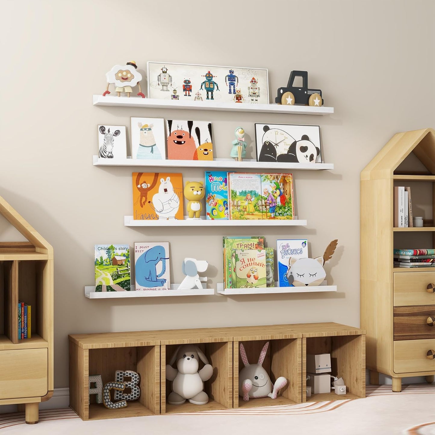 Floating Picture Ledge Shelves 55 Inch Solid Oak Wood Set of 2, Rustic Wall Storage Shelves with Lip, Kids Bookshelf, Photo & Picture Ledge Shelves for Bedroom, Living Room, Kitchen