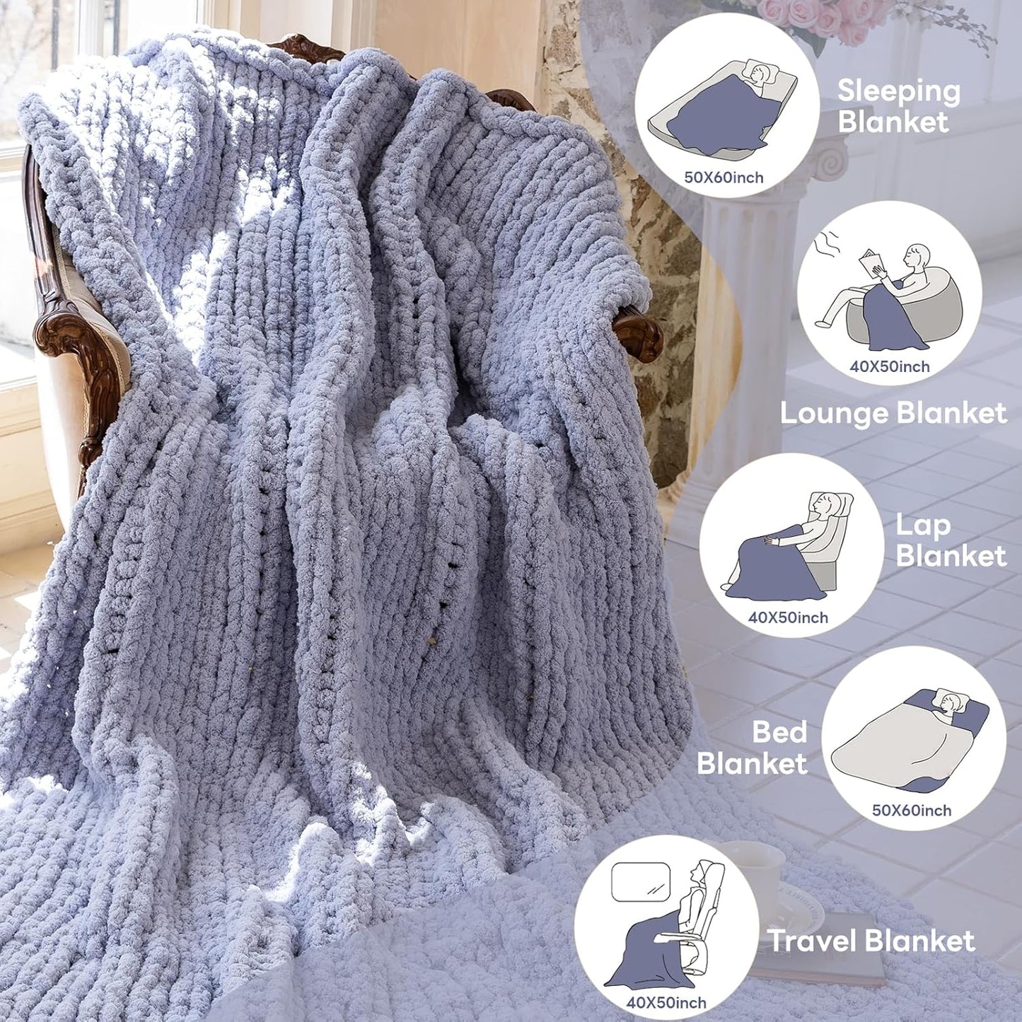 Chunky Knit Blanket - Luxury Soft Cozy 50 * 60 Throw Blanket,100% Woven Blanket Rope Knot Throw Blanket for Couch, Sofa, Home Decor, Gift - Machine Washable(Grey)