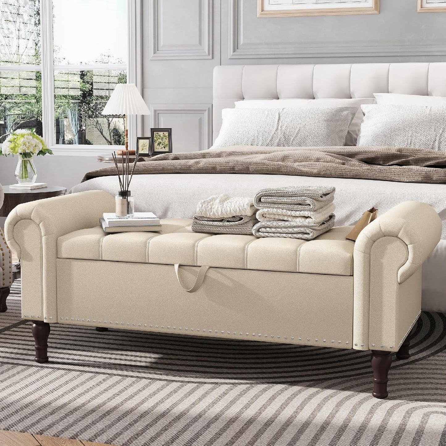 Apicizon 51”Storage Ottoman Bench, Soft Faux Leather Indoor Bench with Rolled Arm and Vintage Rivets, Large Storage Chest for Bedroom, Living Room, Entryway,Beige+Brown Legs