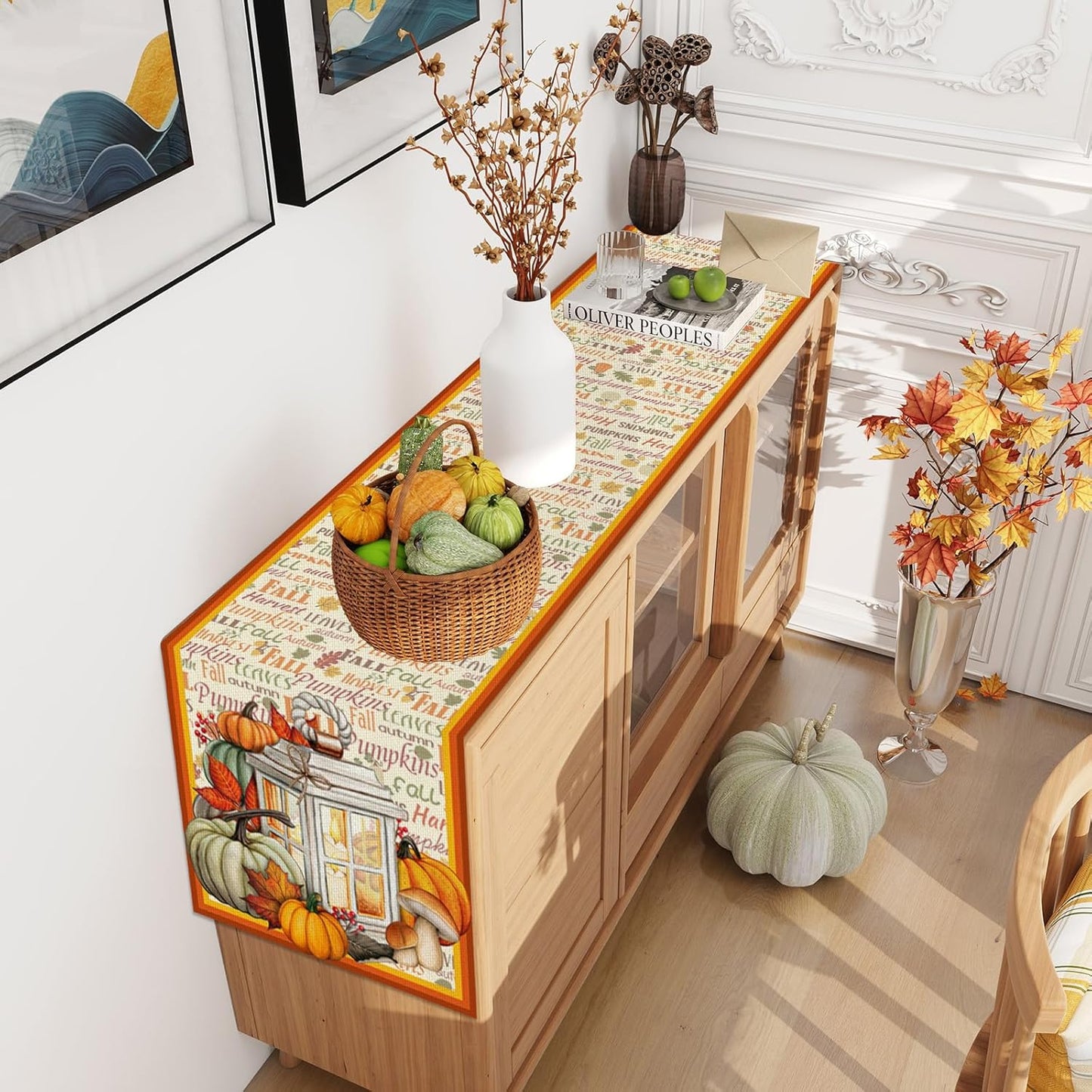 Linen Fall Table Runner - 72 Inch Farmhouse Leaves Pumpkin Table Decor Autumn Thanksgiving Home Kitchen Dining Room Decorations