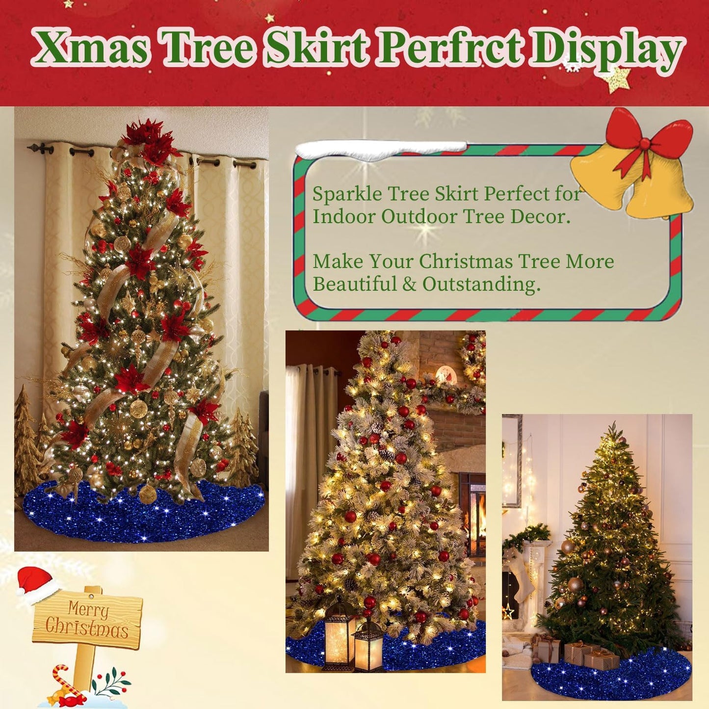 MODFUNS Sequin Tree Skirt Royal Blue Christmas Tree Skirt 60 Inch Velvet Fabric Large Xmas Tree Mat Glitter Tree Skirts Luxury Christmas Tree Skirts Sparkly Tree Cover Skirt Xmas Holiday Decor