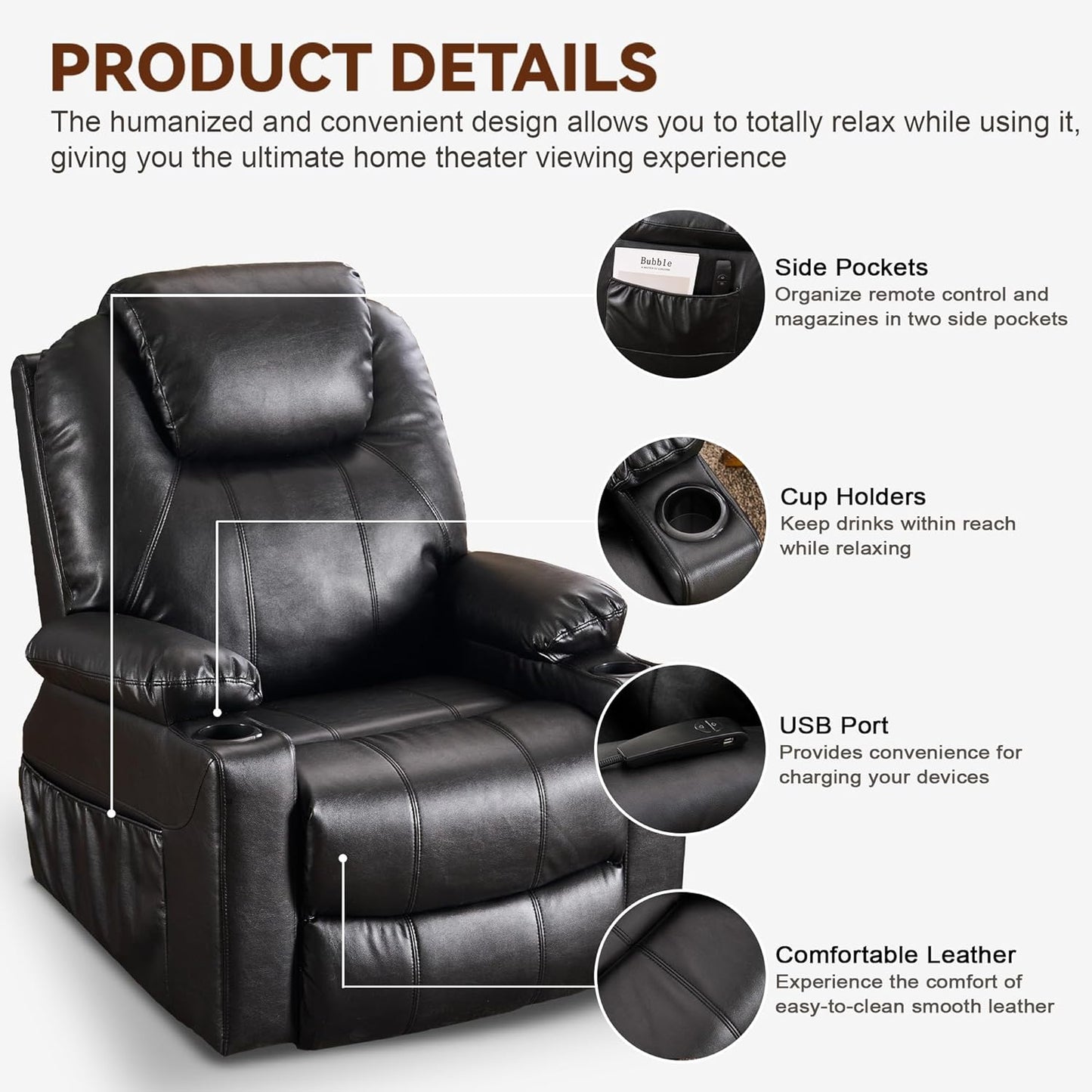 SALOHZA Power Lift Recliner Chair for Elderly with Massage and Heat for Living Room, Electric Recliner Chair for Adults with USB/Type C Port/Cup Holders, PU Faux Leather, Black