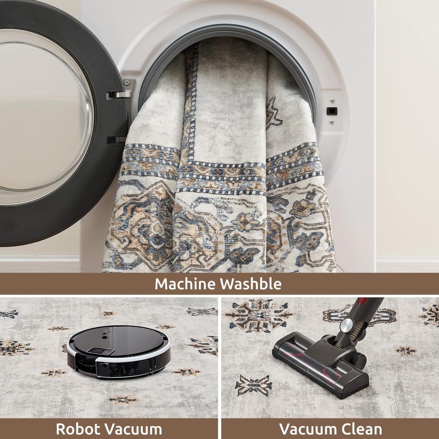 AMOAMI-Vintage Area Rug 5X7 Grey Rugs for Living Room-Soft Living Room Rug Non Slip Rugs for Bedroom Carpet Machine Washable Rug for Dining Room Bedside Office Room Decor