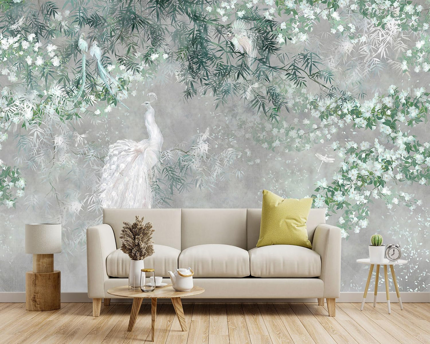 -Green Leaf Botanical Peacock Fabric Wallpaper Wallpaper Living Room Bedroom Bathroom Grey Plant Large Wall Mural- 160"x108"( not Peel and Stick)