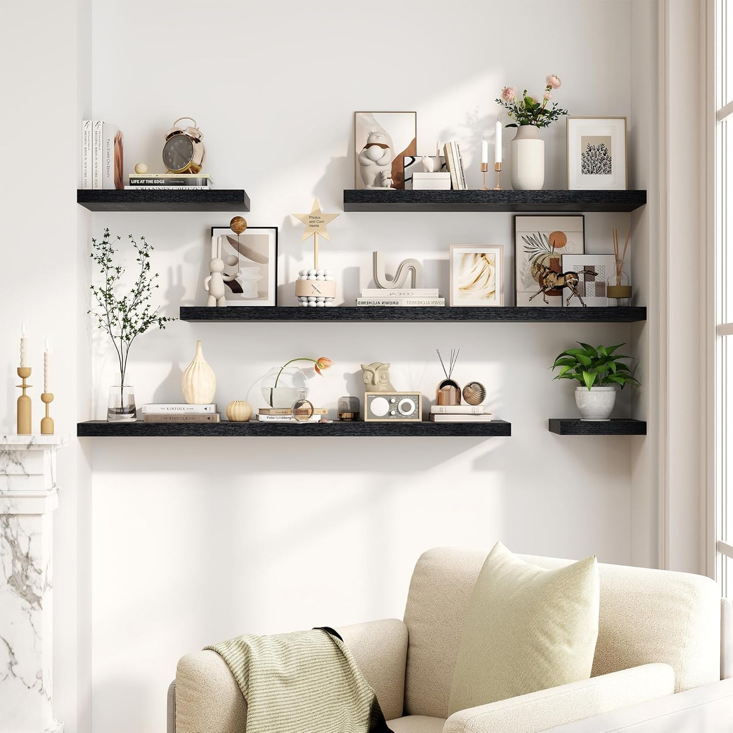 Fun Memories Black Floating Shelves 16 Inch Long, 8 Deep Floating Shelf Wall Mounted, 16 x 8 Inch Wooden Bathroom Shelves, Deep Storage Shelves for Living Room, Kitchen, Set of 2