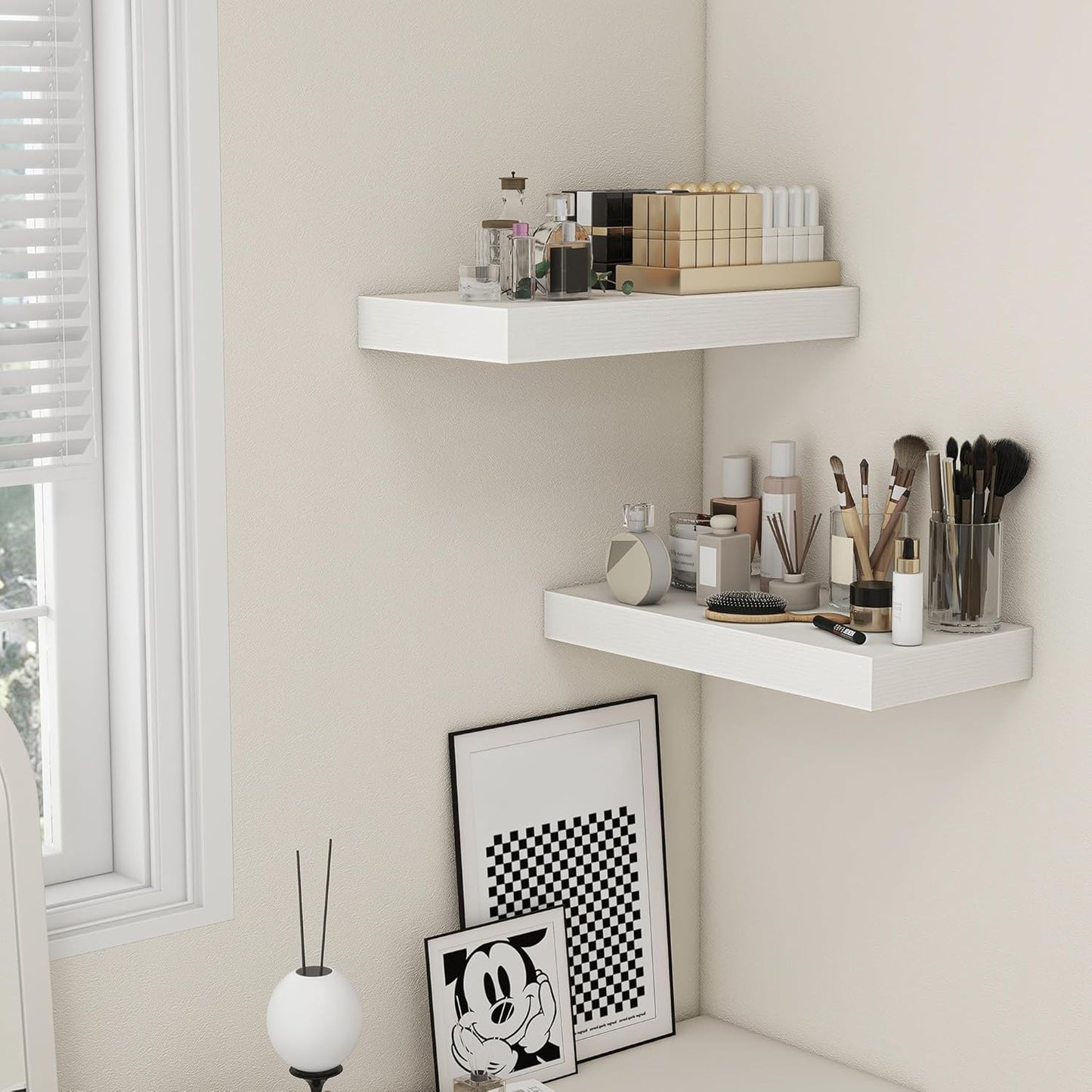 Deep Floating Shelves, 24''W x 12''D Floating Shelves White Set of 2, 12 Inch Deep Large Wood Shelves for Books Living Room Bathroom Laundry Room Bedroom Kitchen Home Office - White