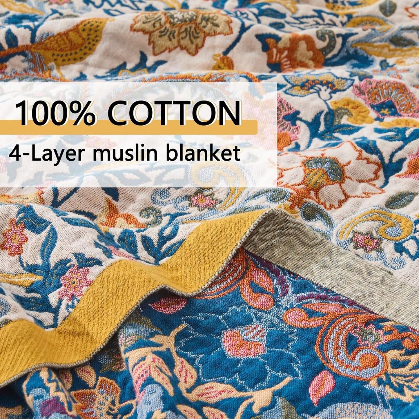 Fall Boho Throw Blanket for Bed, Muslin Reversible Blanket Washable Breathable,100% Cotton Lightweight 4-Layer King Size Throw Blanket for Bed,90"x98"