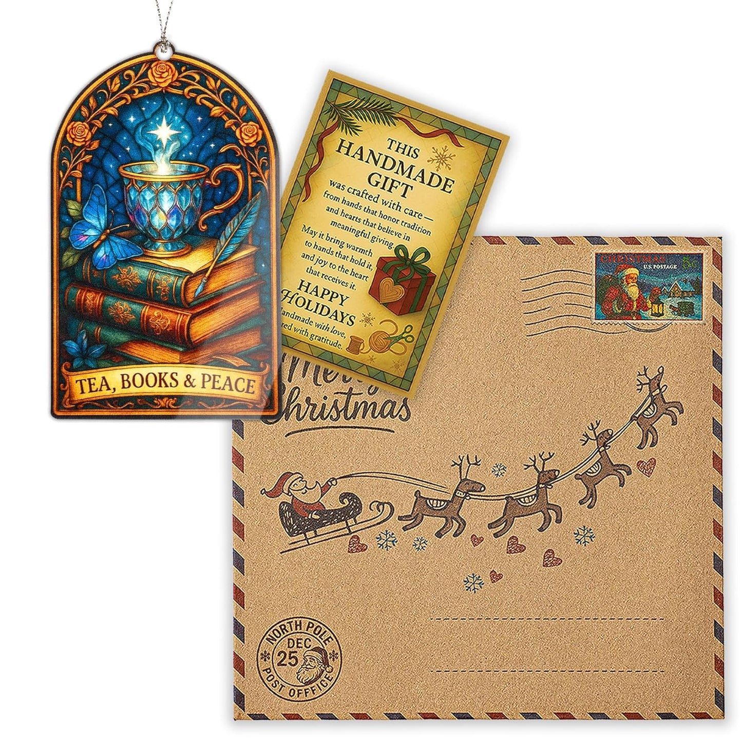 Tea Books Peace Ornament – book lover – tea gifts – reading decor – christmas ornament – Suncatcher effect stained glass window hanging – Car Hanging
