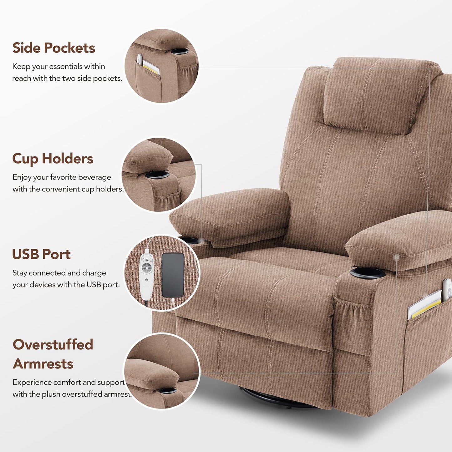 Swivel Rocker Recliner Chair with Heat and Massage, 360 Degree Swivel Rocking Single Sofa with Cup Holders and USB Port, Big Oversized Recliner Chair for Living Room (Fabric, Brown)