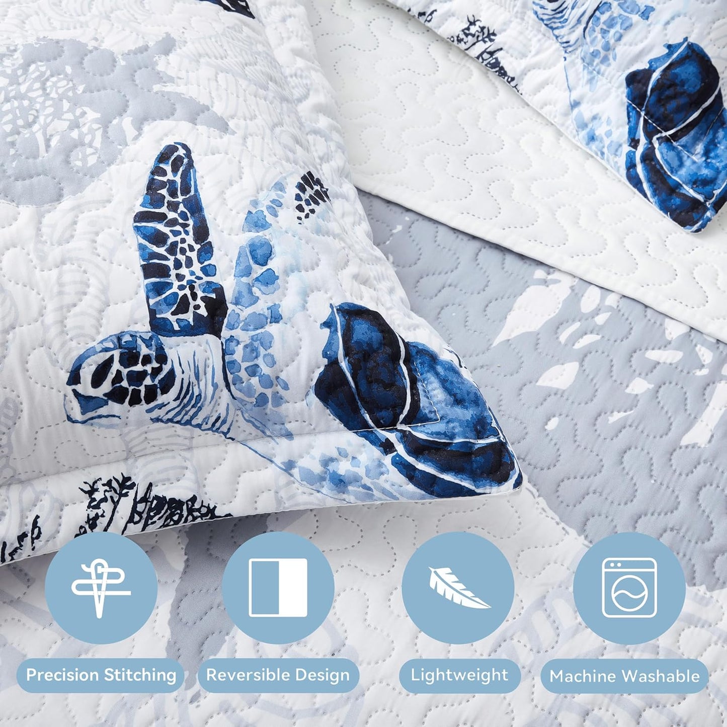 Coastal Bedding Twin Size Coastal Quilt with Shams, Nautical Beach Comforter Sets Ocean Bedspreads Blue Seaturtle Coverlet Summer Bedding, 68''x86''