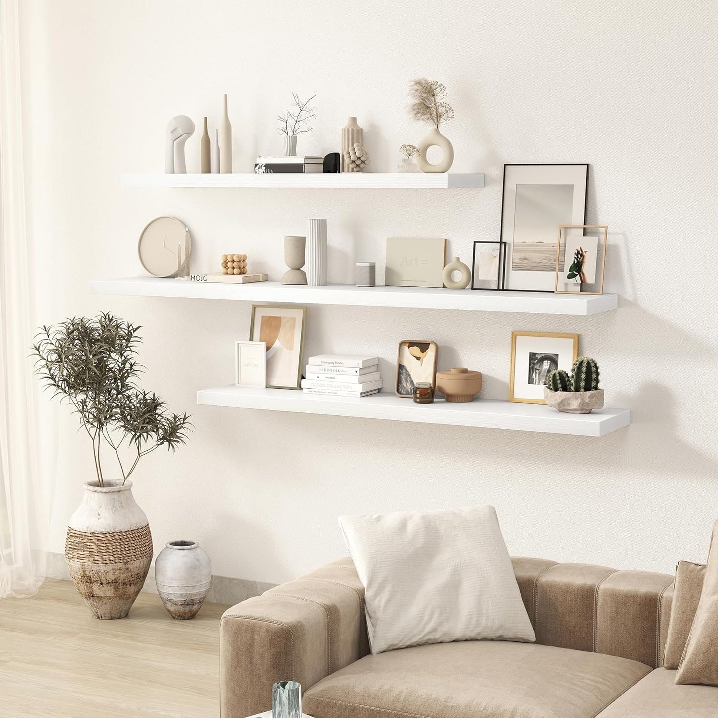 White Floating Shelves Wall Shelf 48 Inch, 8 Inch Deep Floating Shelf for Wall, Farmhouse Black Wood Shelves Invisible Bracket for Living Room, Bedroom, Kitchen, 48 x 9.3 x 1.4 Inch, Set of 2