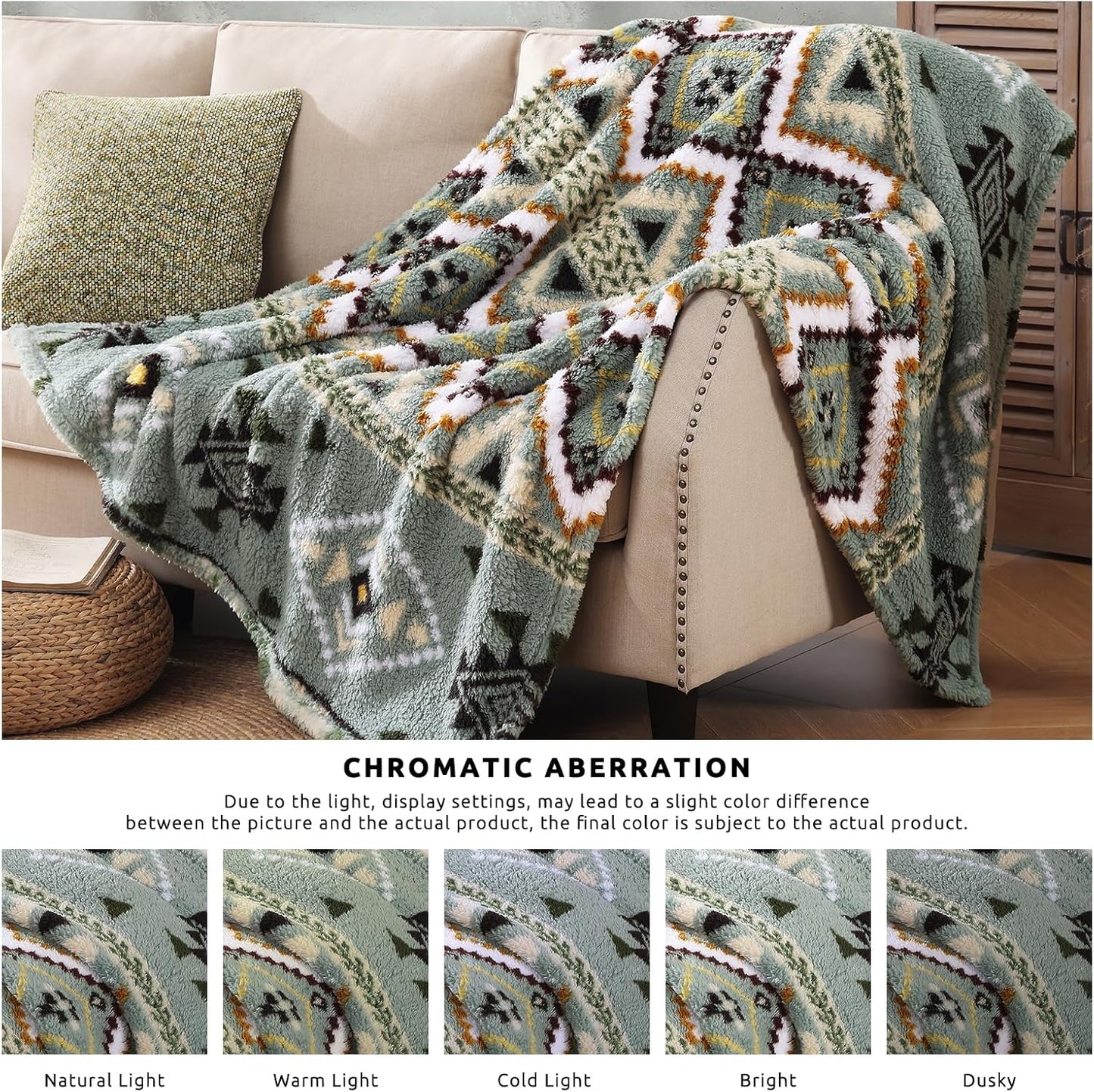 CASAAGUSTO Boho Sherpa Throw Blanket, Aztec Throw Blanket,Ultra Soft, Warm, Cozy, Plush, Thick Fleece Blanket for Couch, Bed, Sofa (Olive Green 50 * 60 Inch)