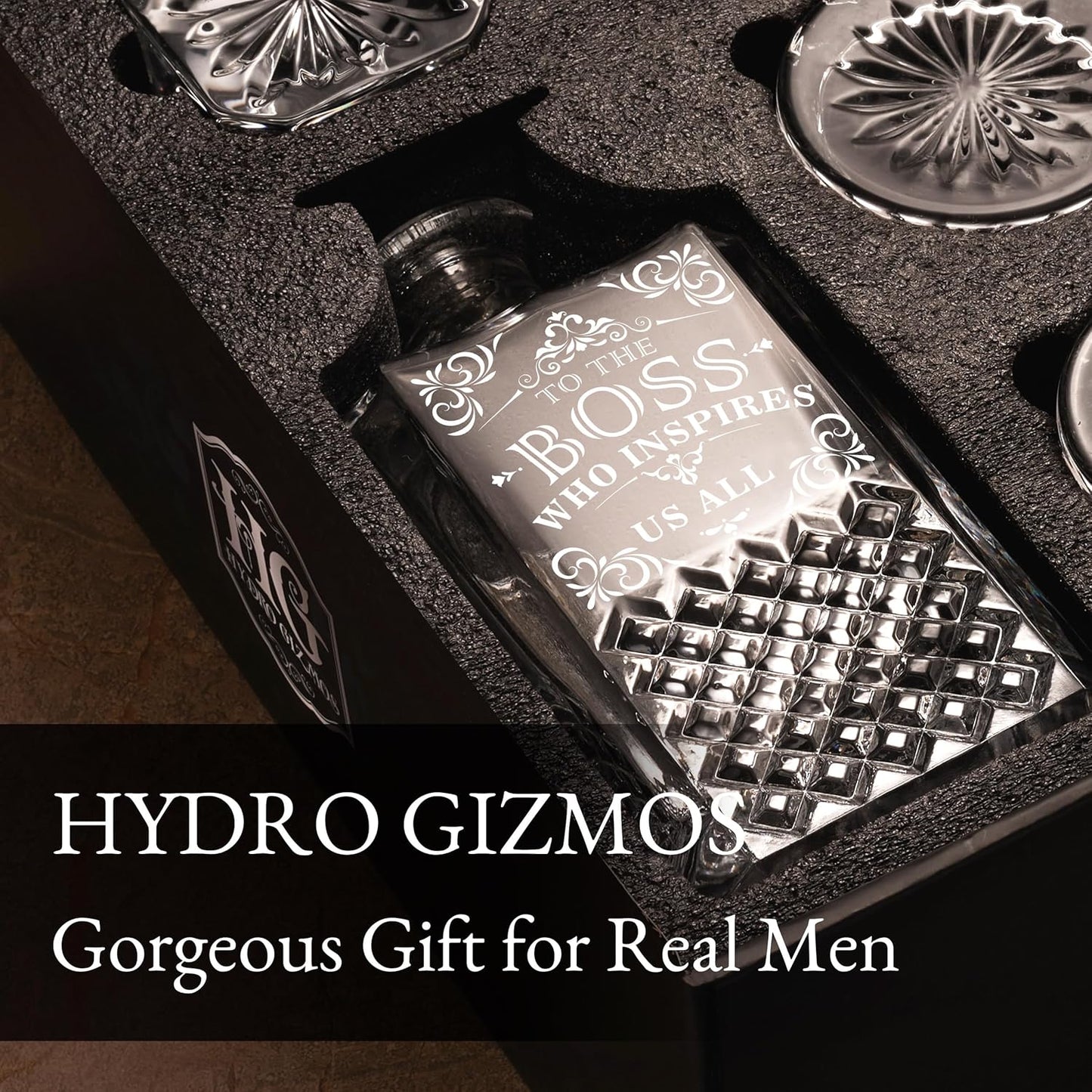 Luxury Gift For Boss - Boss Who Inspires Us All - Unique Engraved Whiskey Decanter Set For The Leader or Dad Christmas, Birthday Gift – 4 Whiskey Glasses And Decanter Set for Whisky, Bourbon Ets.
