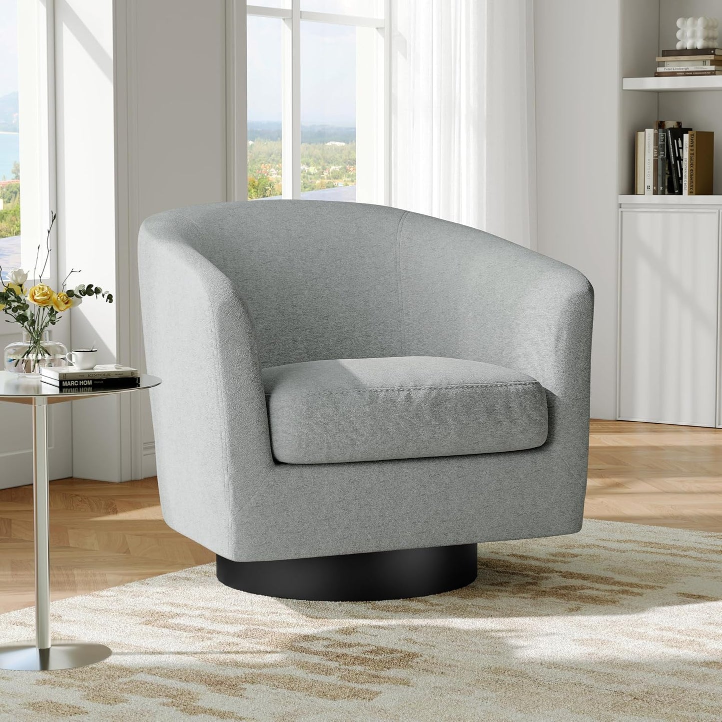 Swivel Barrel Accent Chair, Modern Round Chenille Fabric Arm Chair for Living Room, Bedroom, Comfy Club Reading Chairs for Adults(Chenille Fabric, Light Grey, Set of 2