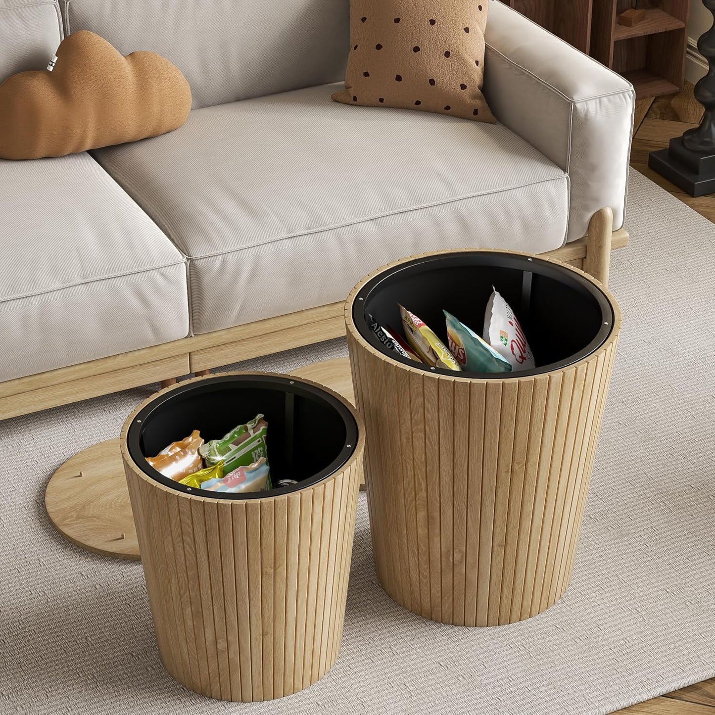 Nest Coffee Table Set of 2 with Round End Table, Farmhouse Design, Removable Wood Top and Wood Basket Base for Blanket Storage, Modern Design for Living Room