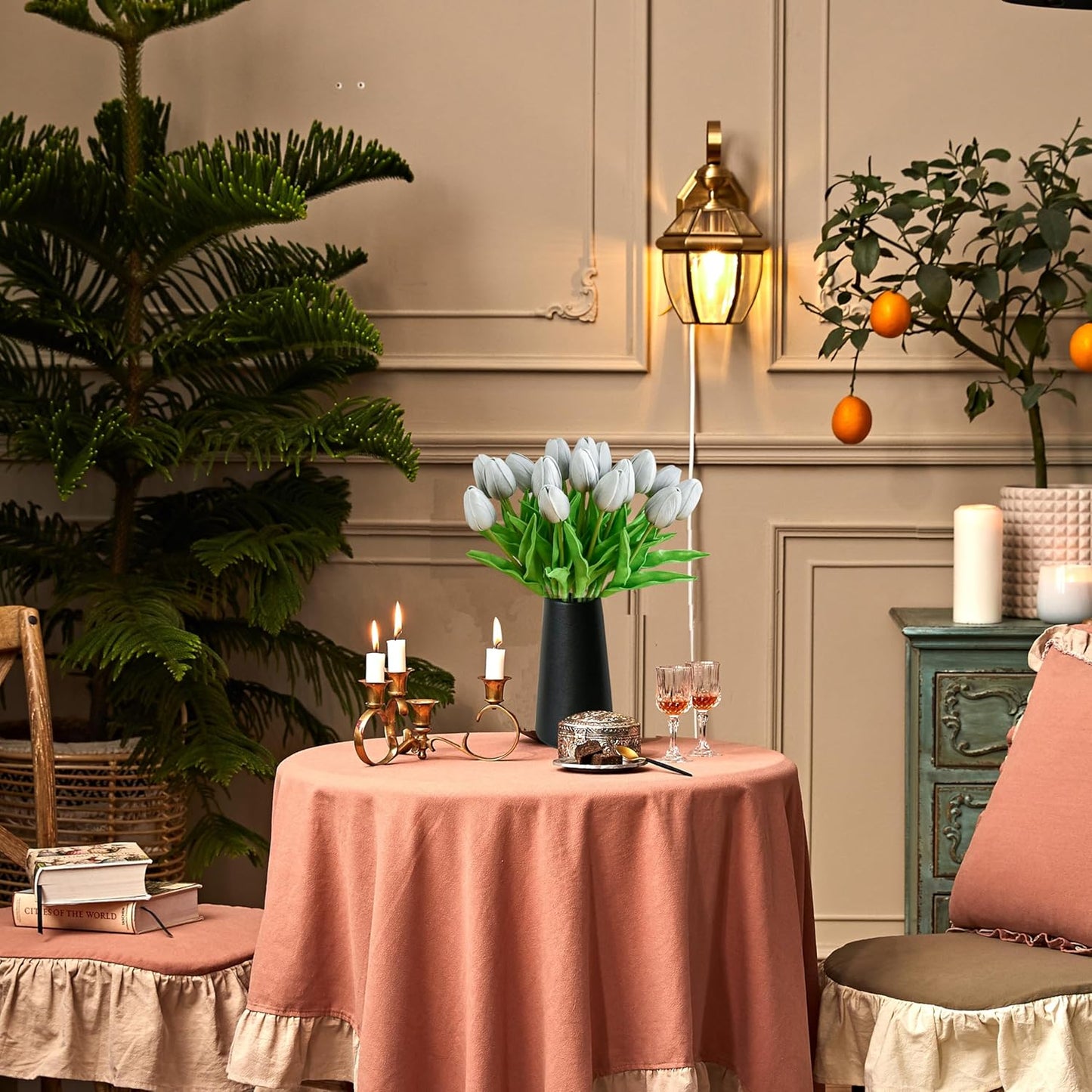 Mandy's Artificial Tulips 20 Stems Silver Grey PU Faux Flowers for Wedding Home Decor 13.5 Inch