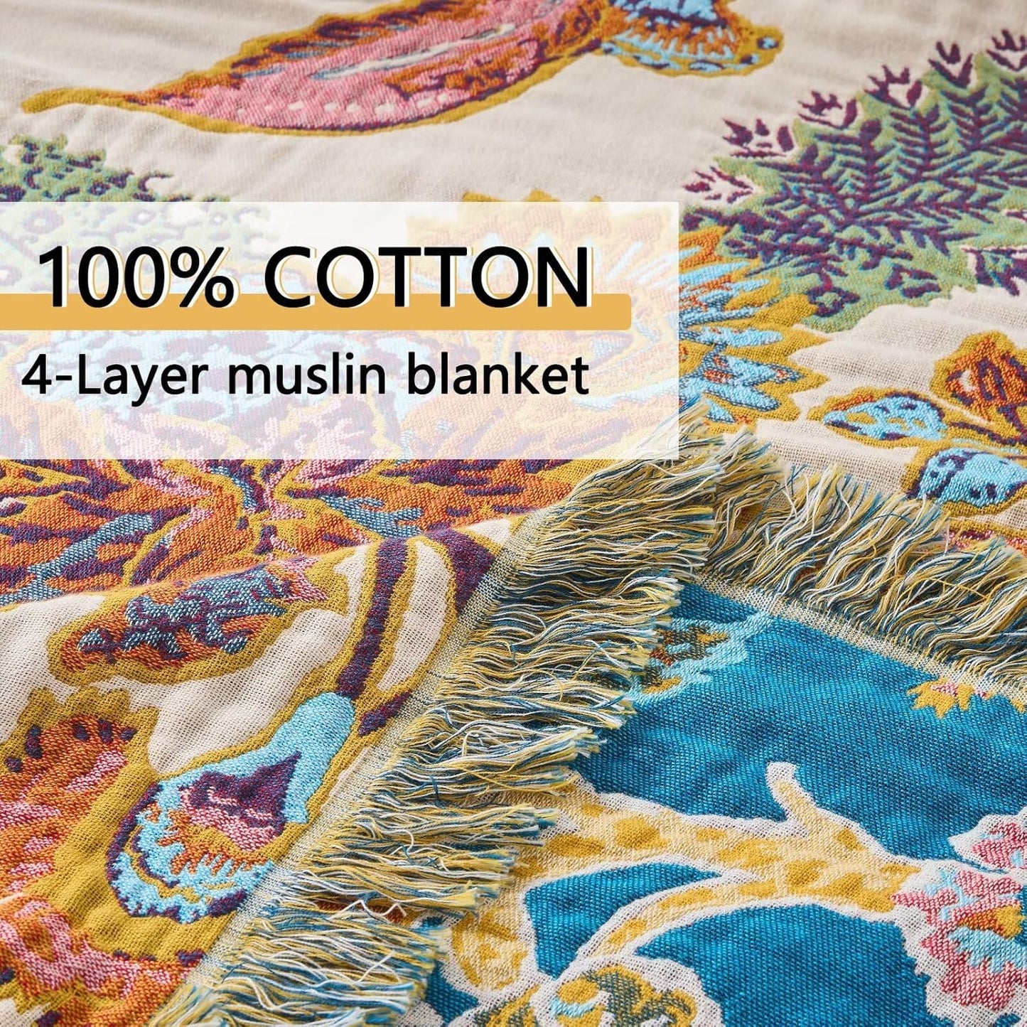 Boho Throw Blanket for Bed, Sofa,Cozy Lightweight Fall Blanket,100% Cotton Southwestern Farmhouse Floral Decor, Reversible Rustic Blanket, Chair, Picnic Throw Blanket,50"x60"