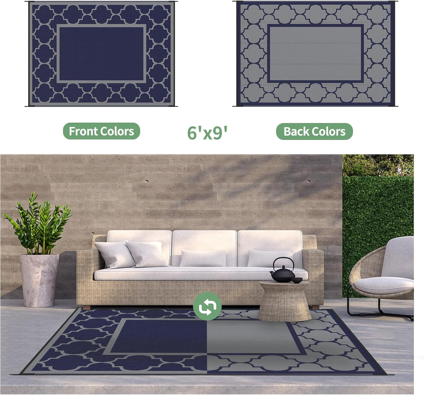 GENIMO 6' x 9' Outdoor Rug Waterproof for Patio Decor, Foldable Reversible Plastic Straw Area Rugs Mat for Camper, Outside Carpet for Rv, Deck, Porch, Picnic, Beach, Balcony, Blue & Grey