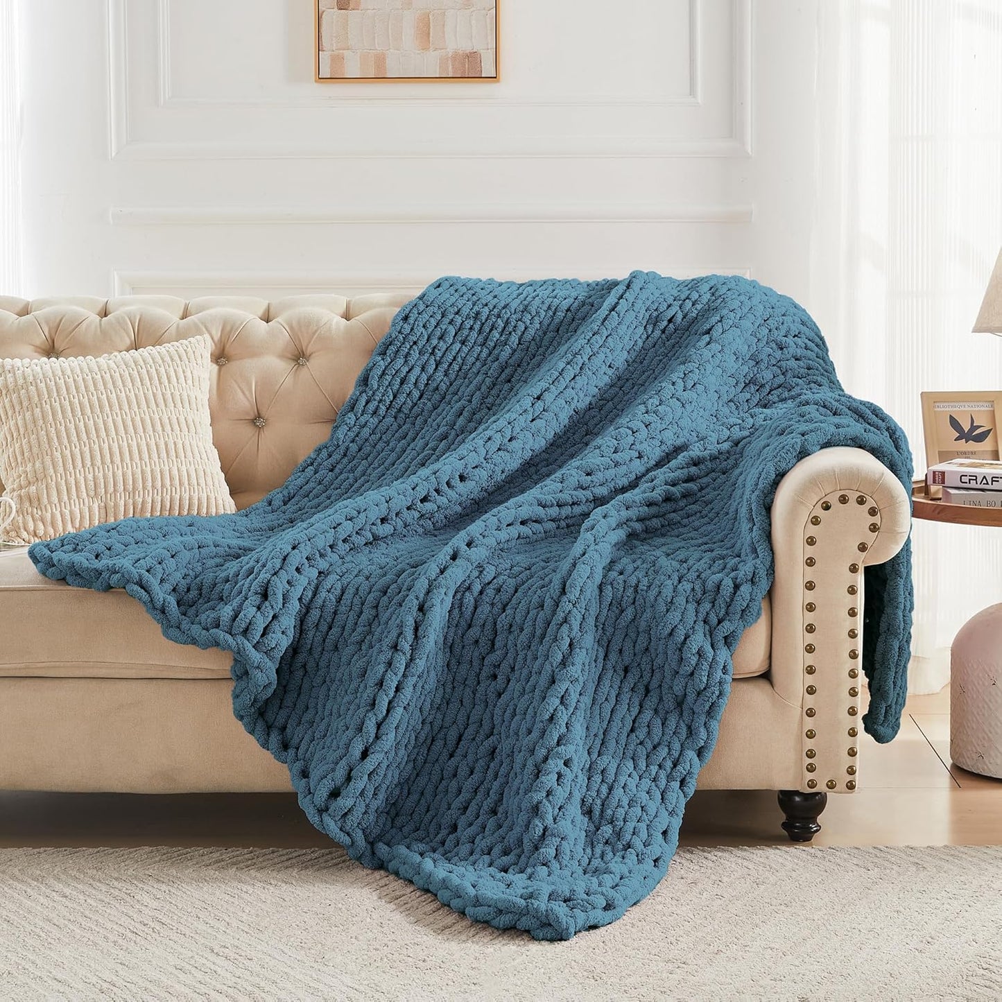 Carriediosa Chunky Knit Throw Blanket 60" X 80" Twin, 100% Hand Made Large Chenille Loop Yarn Soft Fluffy Throws for Couch Sofa Bed, Big Crochet Cozy Heavy Thick Cable Woven Blankets, Lyons Blue