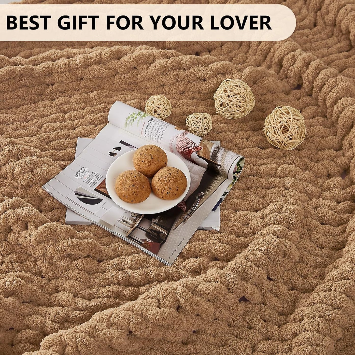 L'AGRATY Chunky Knit Blanket Throw: 50''x60'' Chenille Chunky Knitted Throw Blanket for Bed Couch - Handmade Thick Big Cable Knit Blanket - Large Crochet Rope Blanket for Home Decor(Tan)