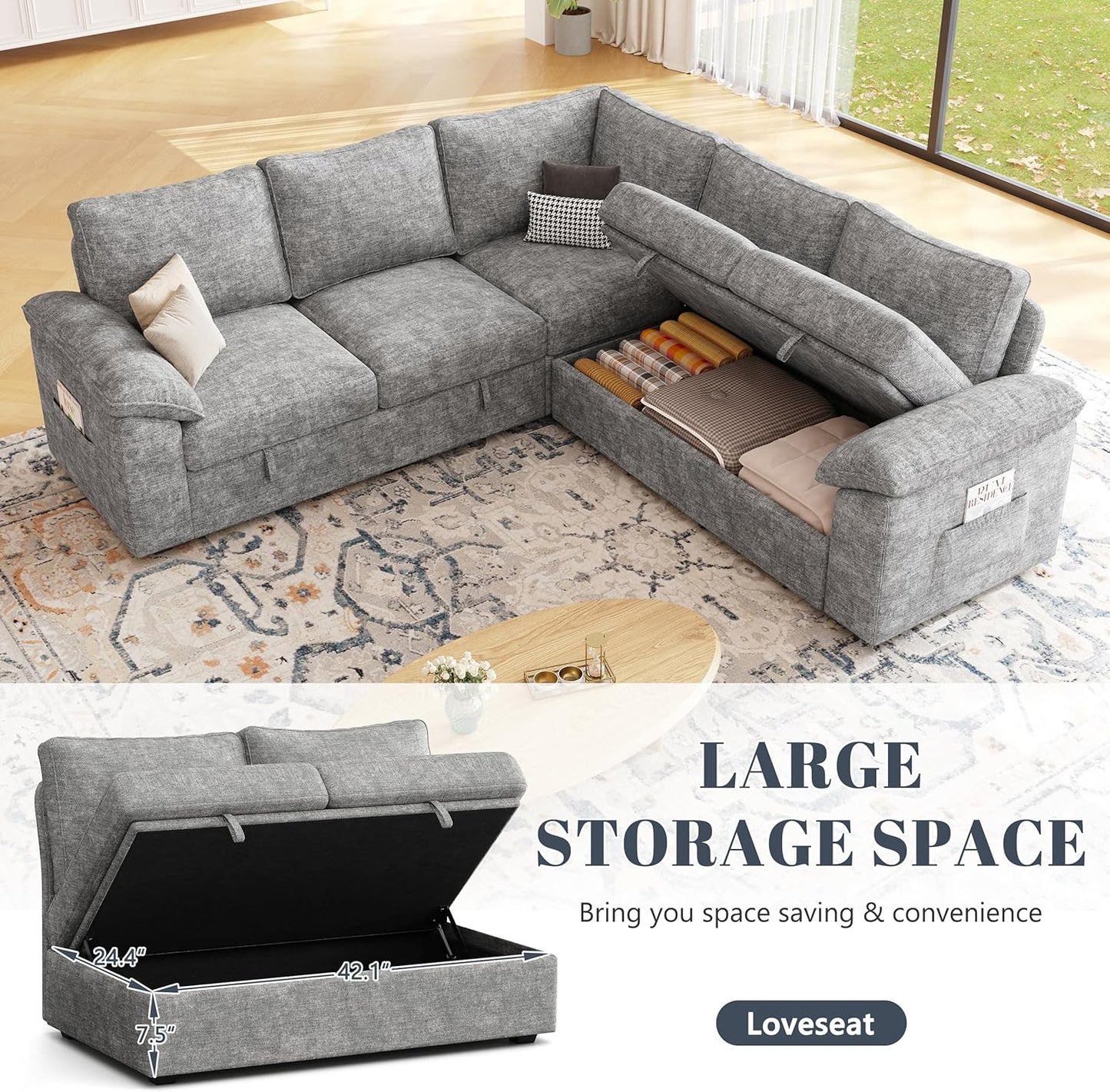 85 Inch Modular Sectional Sofa with Pull Out Bed,L Shaped 5 Seat Sectional Sleeper Sofa with Storage,Sectional Couches for Living Room,Cloud Modular Couch,Removable Sofa Cover,Light Gray