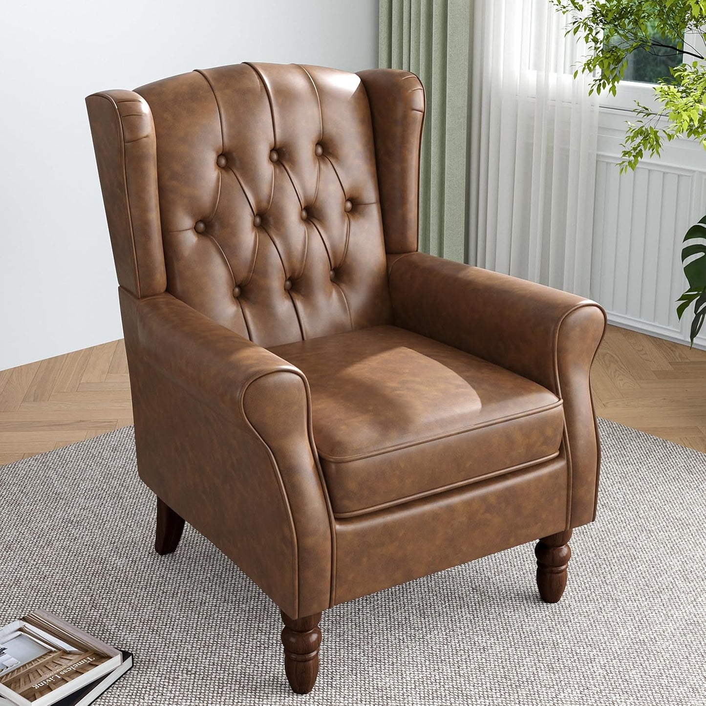 High Back Accent Chair,Upholstered Faux Leather Wingback Armchair with Solid Wood Legs for Small Spaces,Comfy Single Sofa Chair for Living Room,Bedroom,Office-Brown
