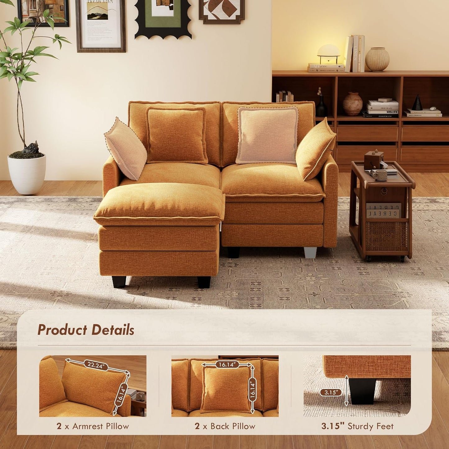 Ihanherry 57" L Shaped Modular Sectional Cloud Sofa, Modern 3 Seat Chenille Couch with Ottoman for Living Room, Bedroom and Apartment, Orange