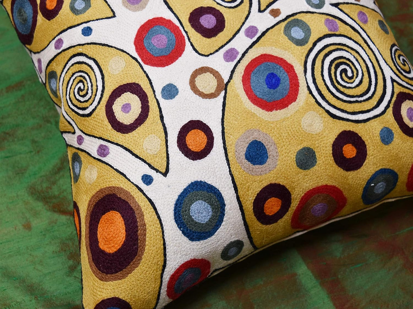 Decorative Pillow Cover Tree of Life Yellow Gold Pillows Botanical Yellows Throw Pillowcase for Couch | Mid Century Pillows for Sofa | Hand Embroidered Cushions Wool 18x18