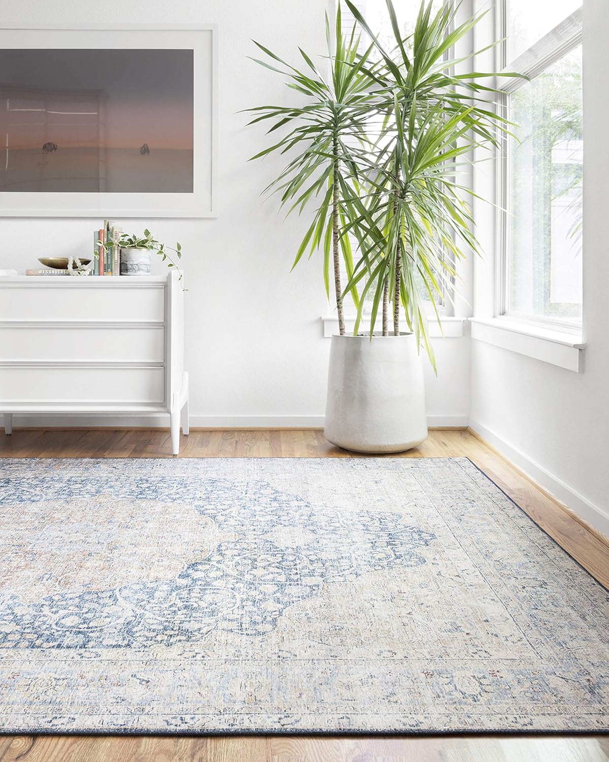 Loloi Layla Collection LAY-07 Blue/Tangerine 2'-6" x 7'-6" .13" Thick Runner Rug, Soft, Durable, Vintage Inspired, Distressed, Low Pile, Non-Shedding, Easy Clean, Printed, Living Room Rug