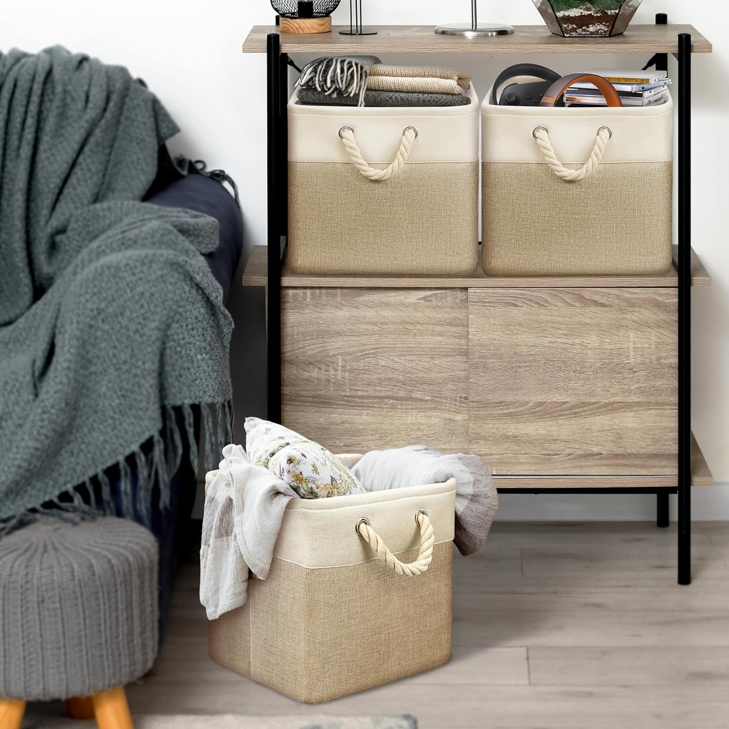 SIMPLE HOUSEWARE Fabric Storage Cubes, 13" x 13" Storage Bin, 3 Pack, Beige