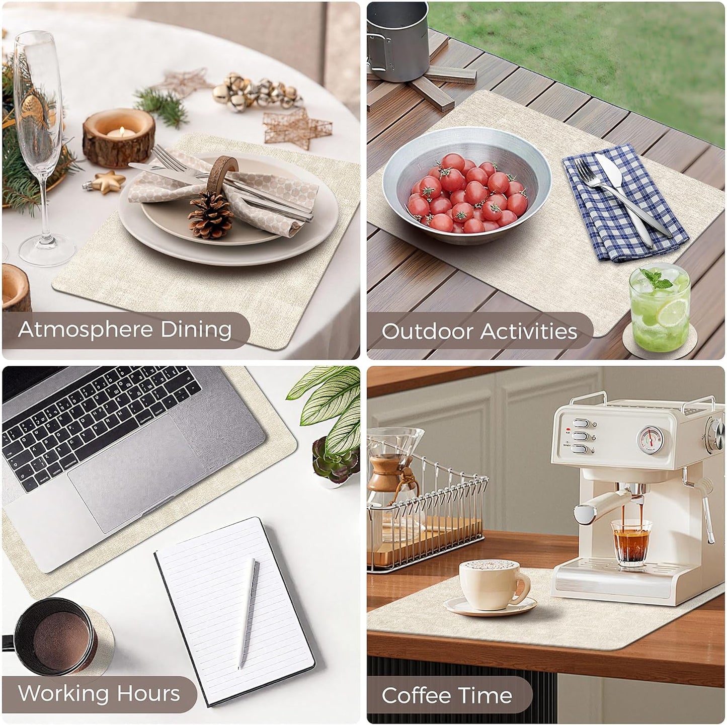 Vinyl Placemats Set of 4, Faux Leather Waterproof and Heat Resistant Place Mats, Washable Anti-Slip Table Mats with Coaster, Wipeable Placemats for Indoor & Outdoor 17" x 12" (Beige, Set of 4)