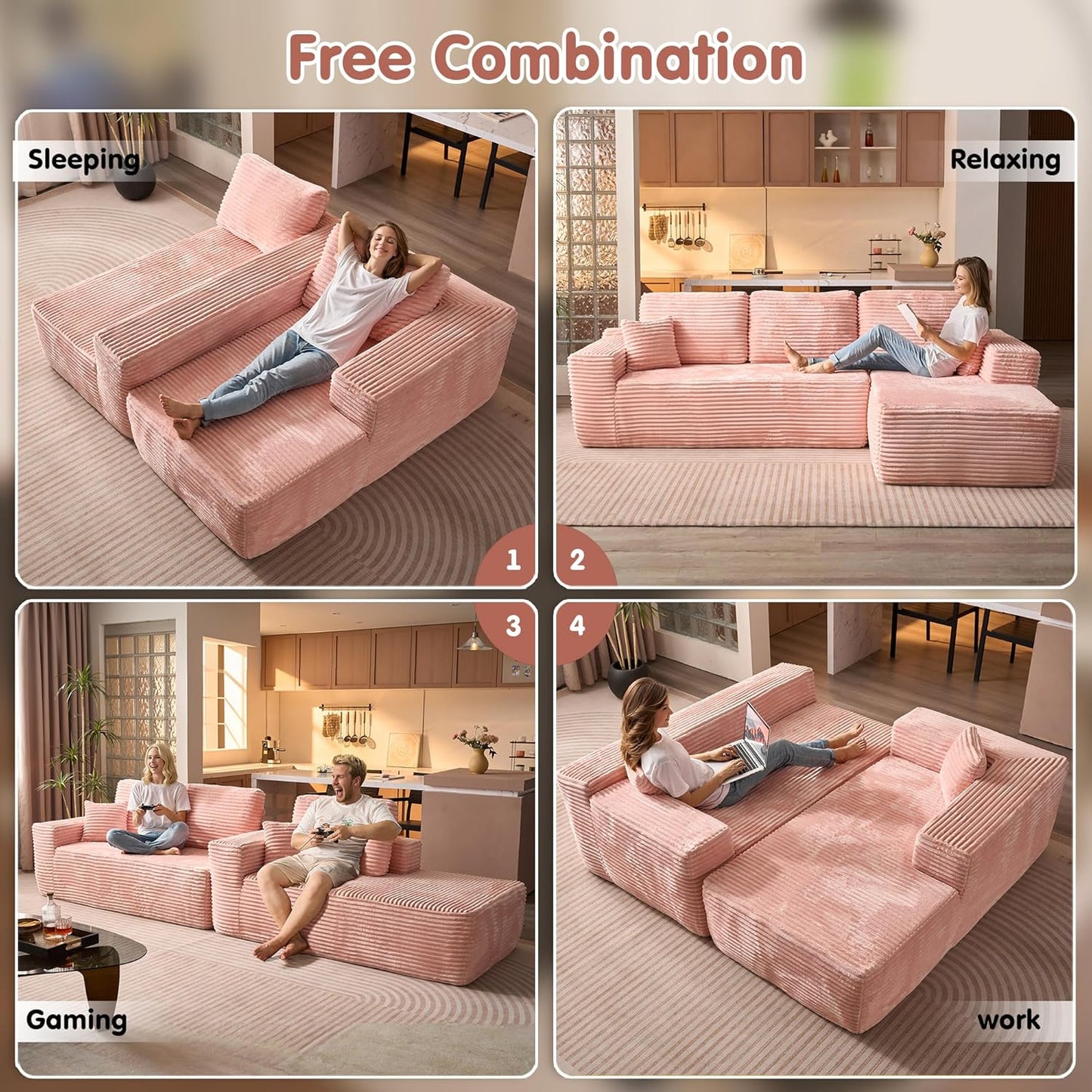 ovios 104" Cloud Sectional Couch with L-Shape Chaise,Modern Modular Sofa with Deep Seat, Upholstered Couches for Living Room Bedroom,No Assembly Required, Pink (Plush Corduroy Fabric)
