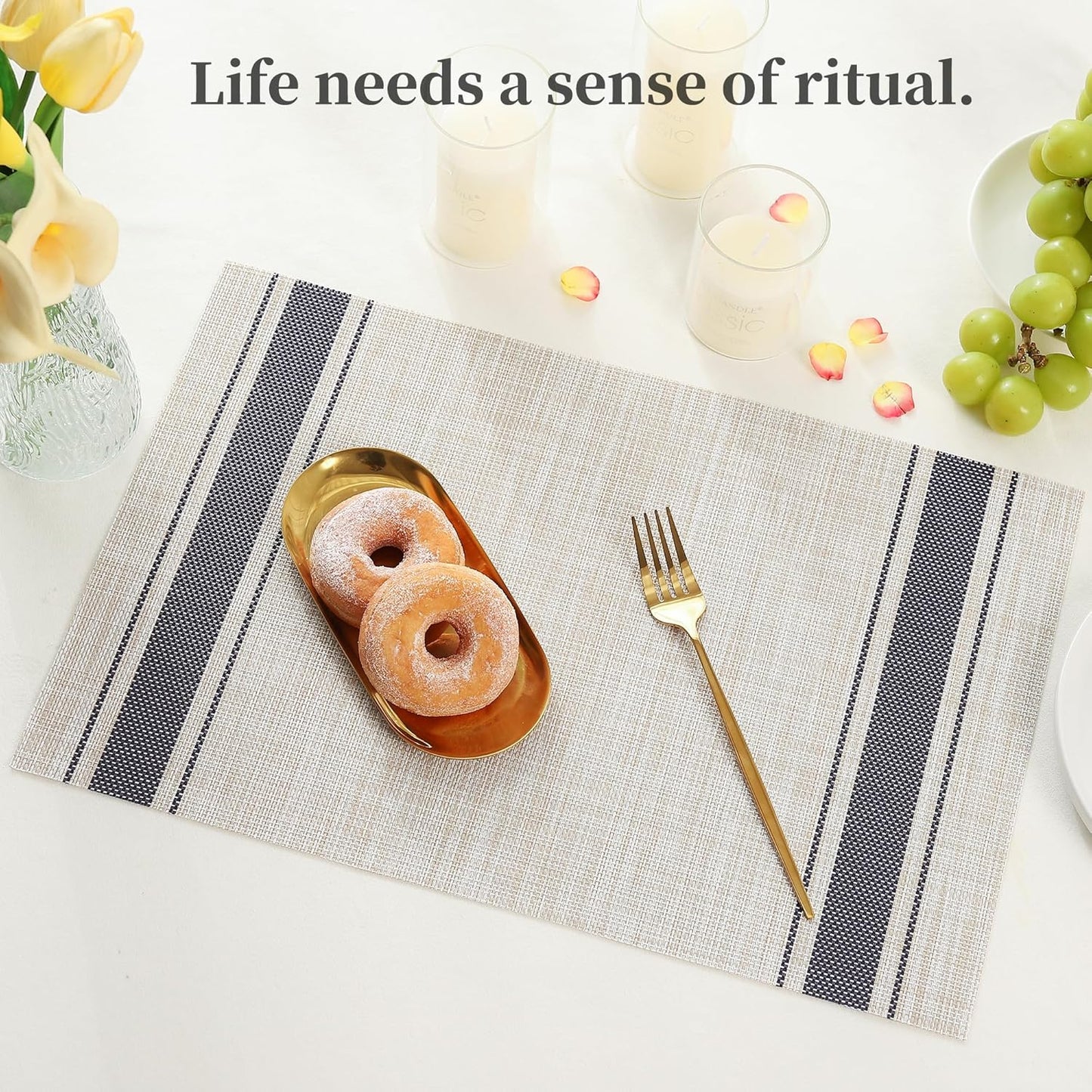 Leetaltree Khaki-Blue Placemats, Heat Resistant Non-Slip Place mats for Dining Table, Washable Durable PVC Vinyl Woven Table Mats (Set of 6)