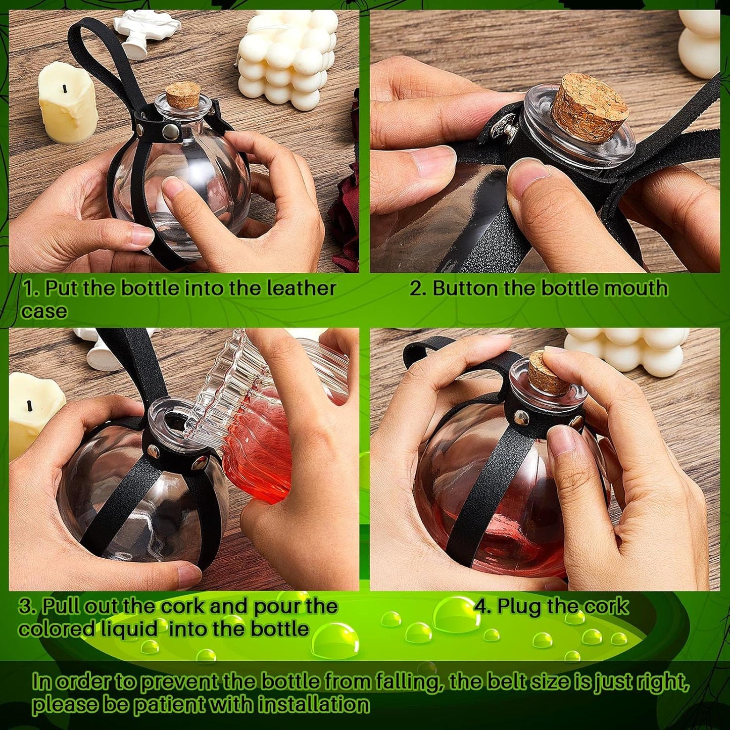 Patelai 2 Pcs Halloween Glass Potion Bottles with Belt Cork Renaissance Witch Costume Accessories Witch Props Potion Bottle for Halloween Party Decor Cosplay DIY Crafts Gift (Black,Brown)