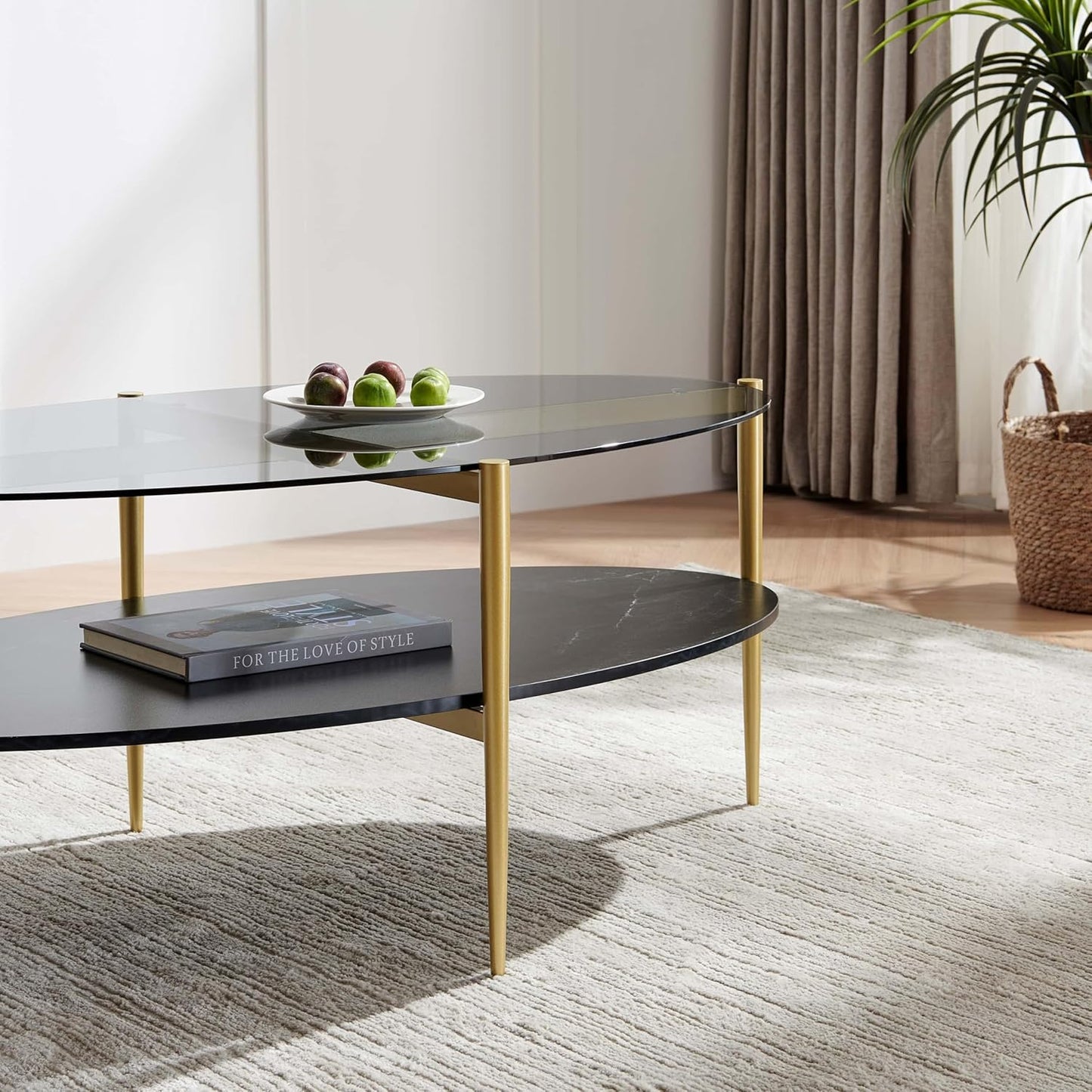 Oval Glass Coffee Table, Mid-Century Modern Design, L43 x W22 x H17 inch, Surfboard Shaped Grey Glass Top and Black Marble Finish Wood Shelf, Tapered Legs with Gold Finish Frame