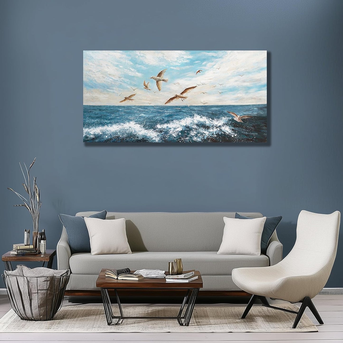 Belmrxne Ocean Wall Decor Blue and Tan Canvas Painting Cool Artwork for Living Room Bedroom Dining Room Office Home Decor 24x48 inch