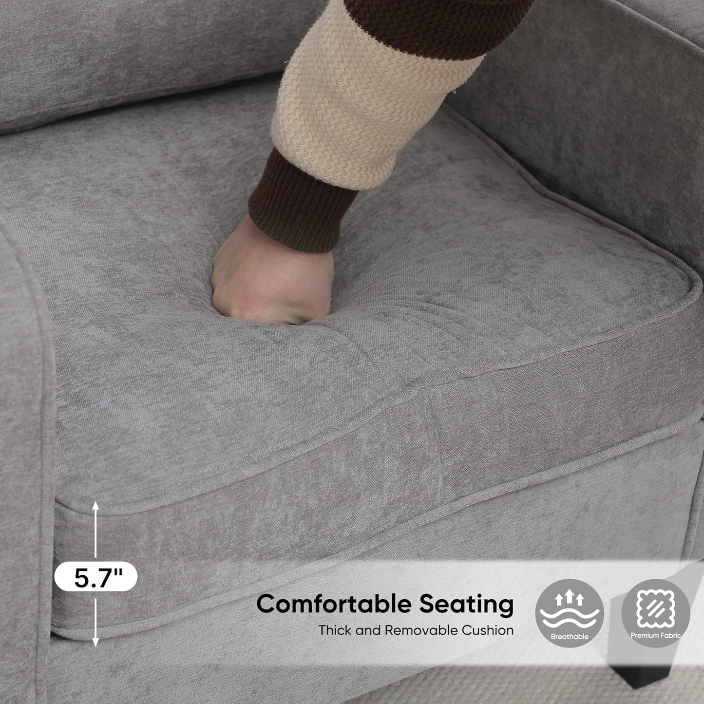 Accent Chairs Set of 2, Upholstered Living Room Chairs with Side Pockets, Mid Century Modern Reading Chair for Bedroom, Comfy Armchair Single Sofa Side Chair for Office, Small Room, Light Grey