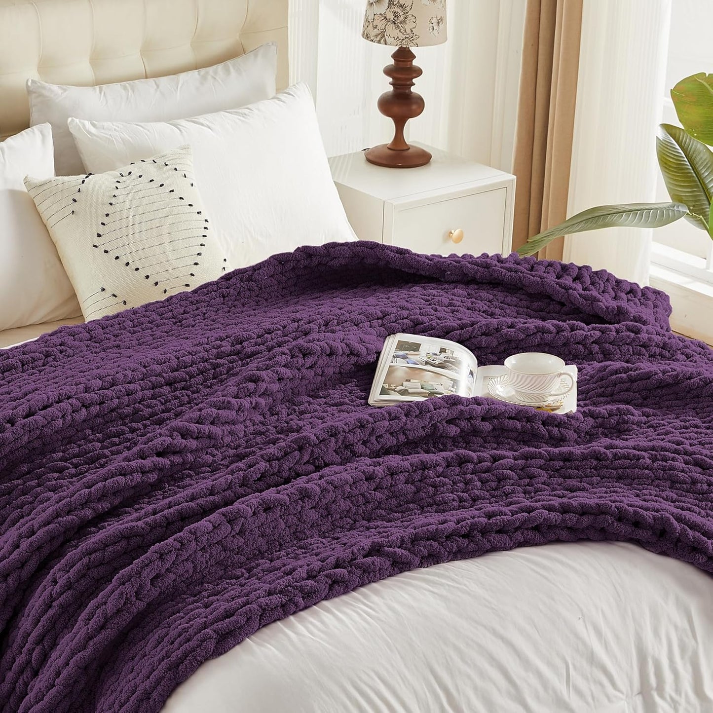 Carriediosa Chunky Knit Throw Blanket 60" X 80" Twin, 100% Hand Made Large Chenille Loop Yarn Soft Fluffy Throws for Couch Sofa Bed, Big Crochet Cozy Heavy Thick Cable Woven Blanket, Dark Purple