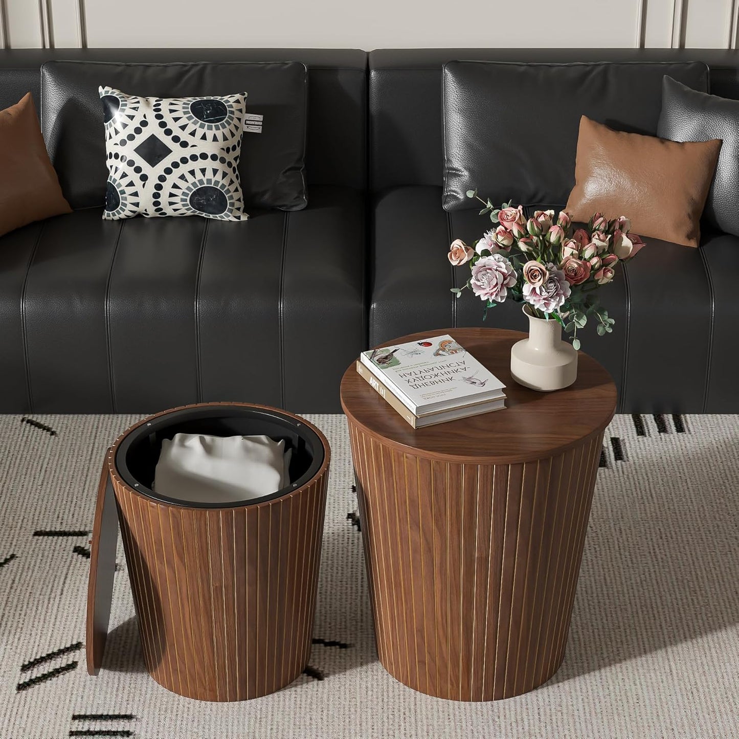 Round Coffee Table Set,2-Piece Modern Farmhouse Living Room End Table Set, Nesting Table Round Natural Finish for Living Room (Walnut, 17.72'')