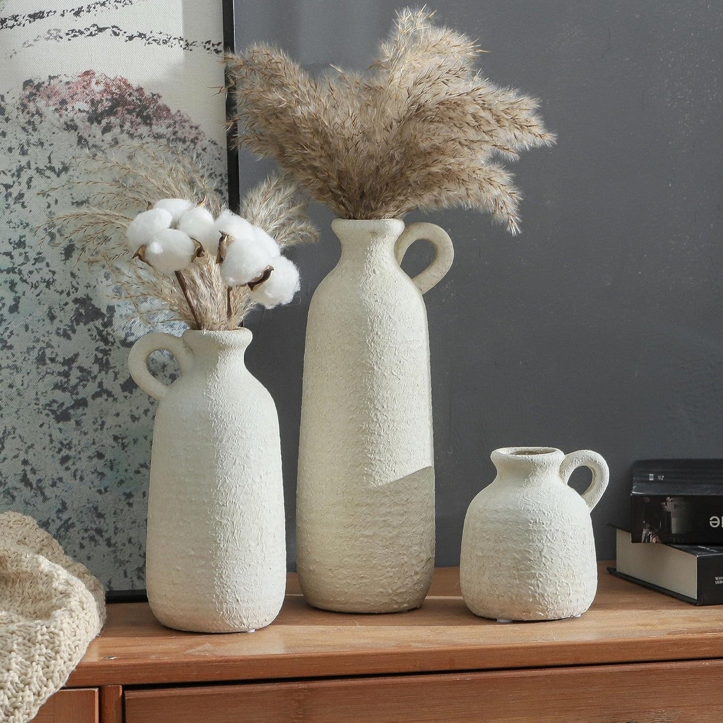 Ceramic Vase Set of 3 with Handle, Neutral Rustic Vases Home Decor Farmhouse Decorative Vase Whitewashed Pottery Decor Modern for Table Mantel Entryway Bookshelf Living Room Kitchen Bedroom - White