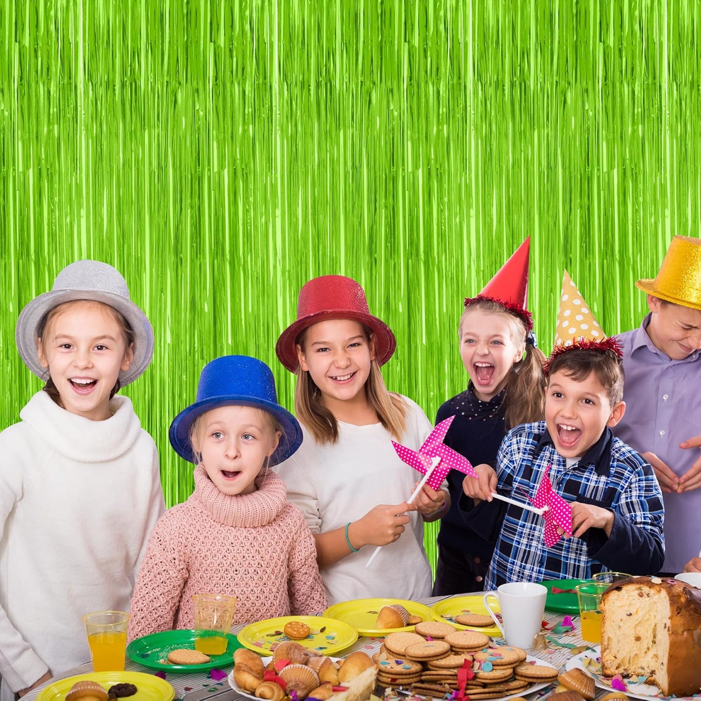 2 Pack Backdrop Curtains, 3.28 Feet x 7.05 Feet Grass Green Fringe Curtains, Metallic Tinsel Backdrop Foil Curtains Streamer, Party Supplies Party Decorations Photo Props