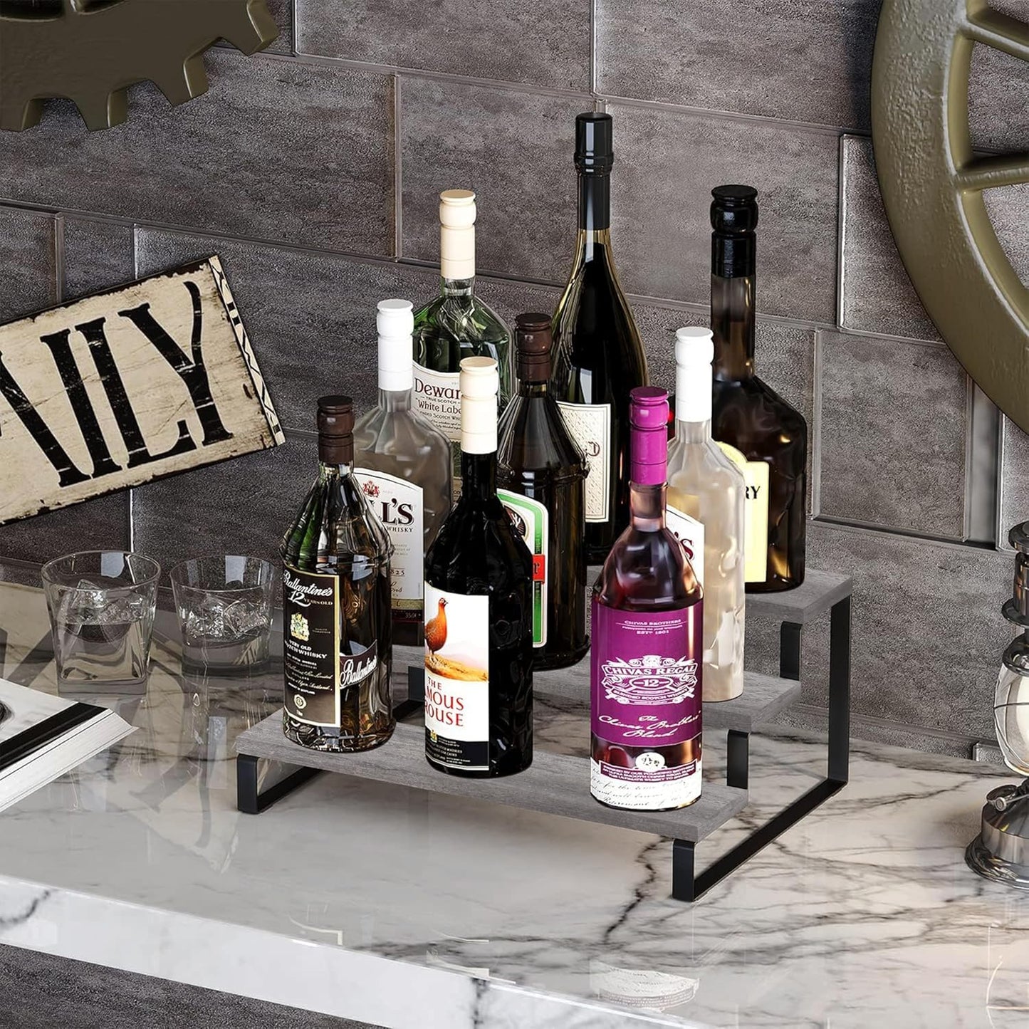 YINMIT Wooden Display Riser Stand, Tiered Perfume and Cologne Organizer Stand, 3 Tier Spice Rack Organizer, Rustic Display Shelf for Candles (3 Tier,Grey)