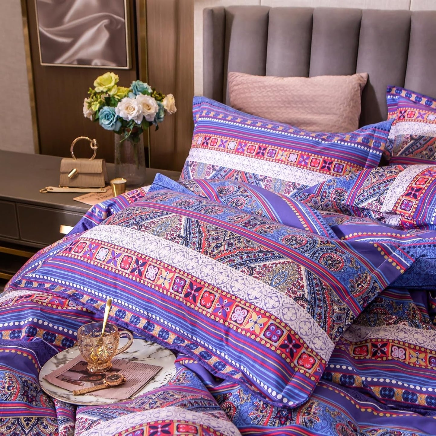 ABREEZE Bohemian Vintage Full Size Floral Cotton Bedding Set 3Pcs Duvet Cover Set Boho Purple Paisley 100% Egyptian Brushed Cotton Reversible Home Bedding Collection