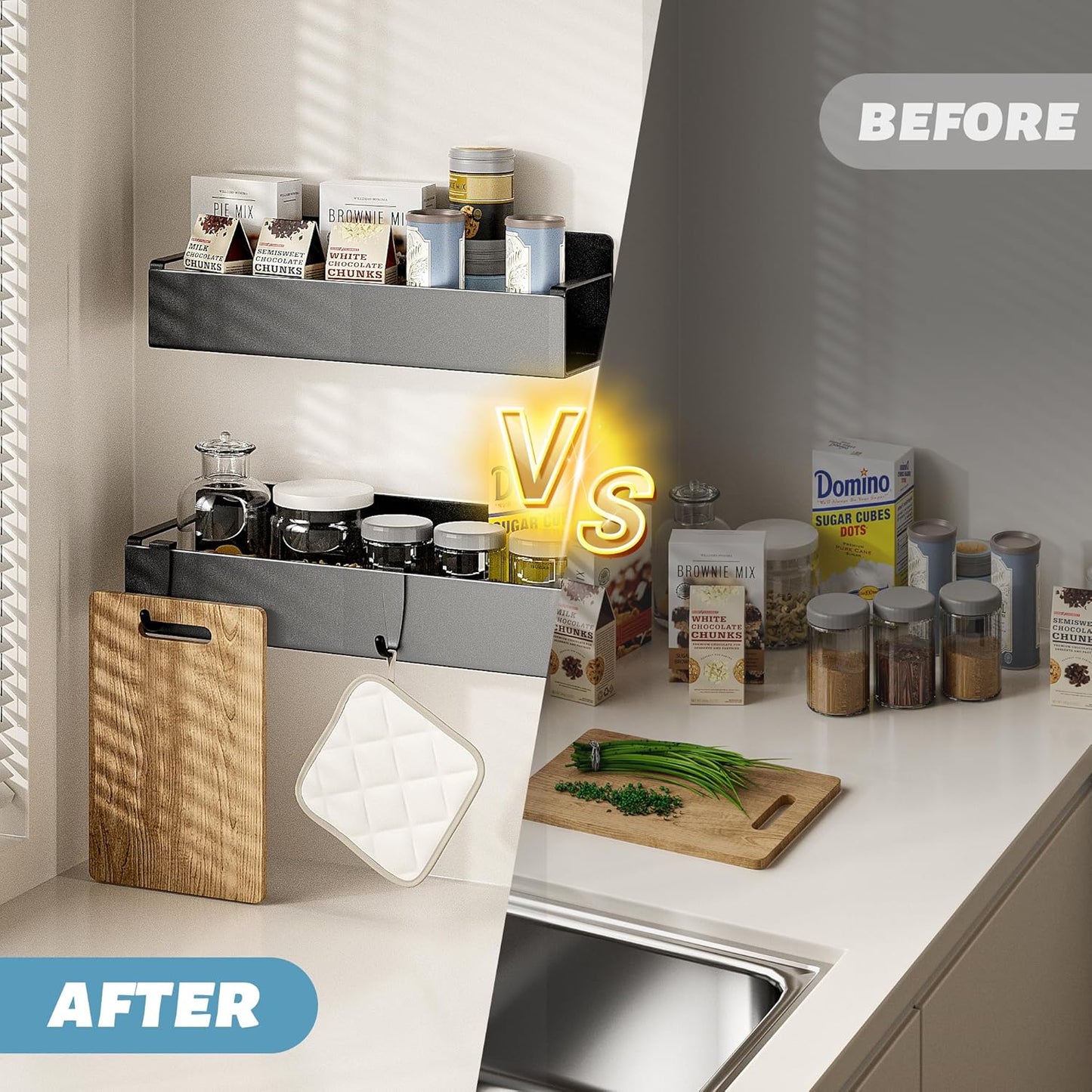 4 Pack Magnetic Spice Rack for Refrigerator, Black Magnetic Shelf for Kitchen Organizer and Storage, Mini Organizers for Oven and Fridge with 4 Hooks