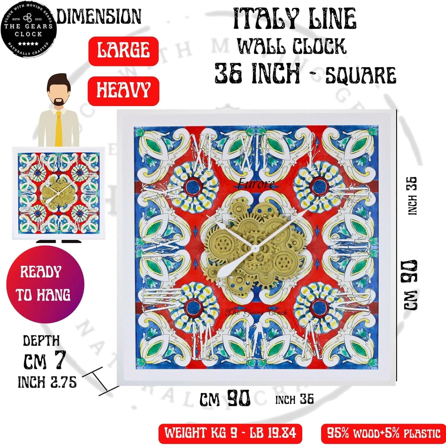 The Gears Clock Wall Clock Italy Collection with Moving Gears (Meta, 36 inch Square)