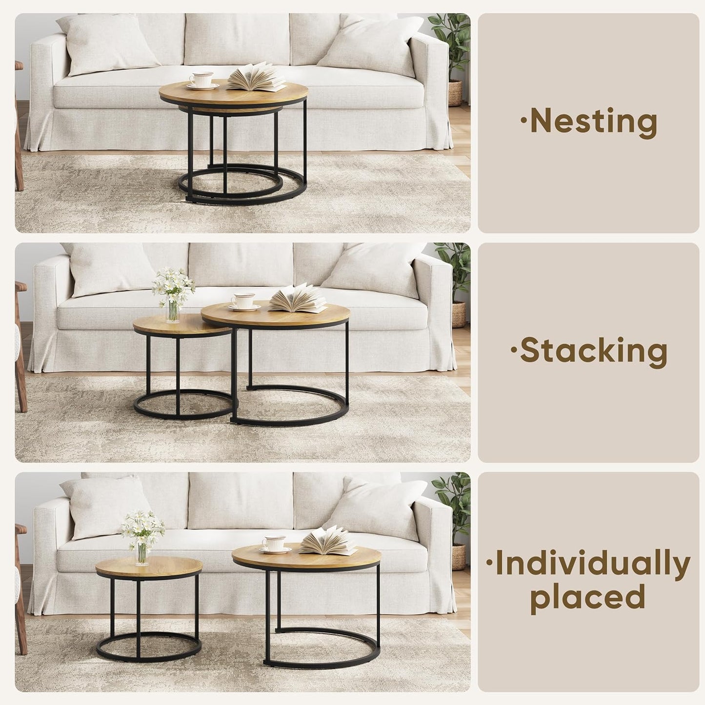 Smuxee Nesting Coffee Table Set of 2, 27.6" Round Coffee Table Wood Grain Top with Adjustable Non-Slip Feet, Industrial End Table Side Tables for Living Room Bedroom Balcony Yard
