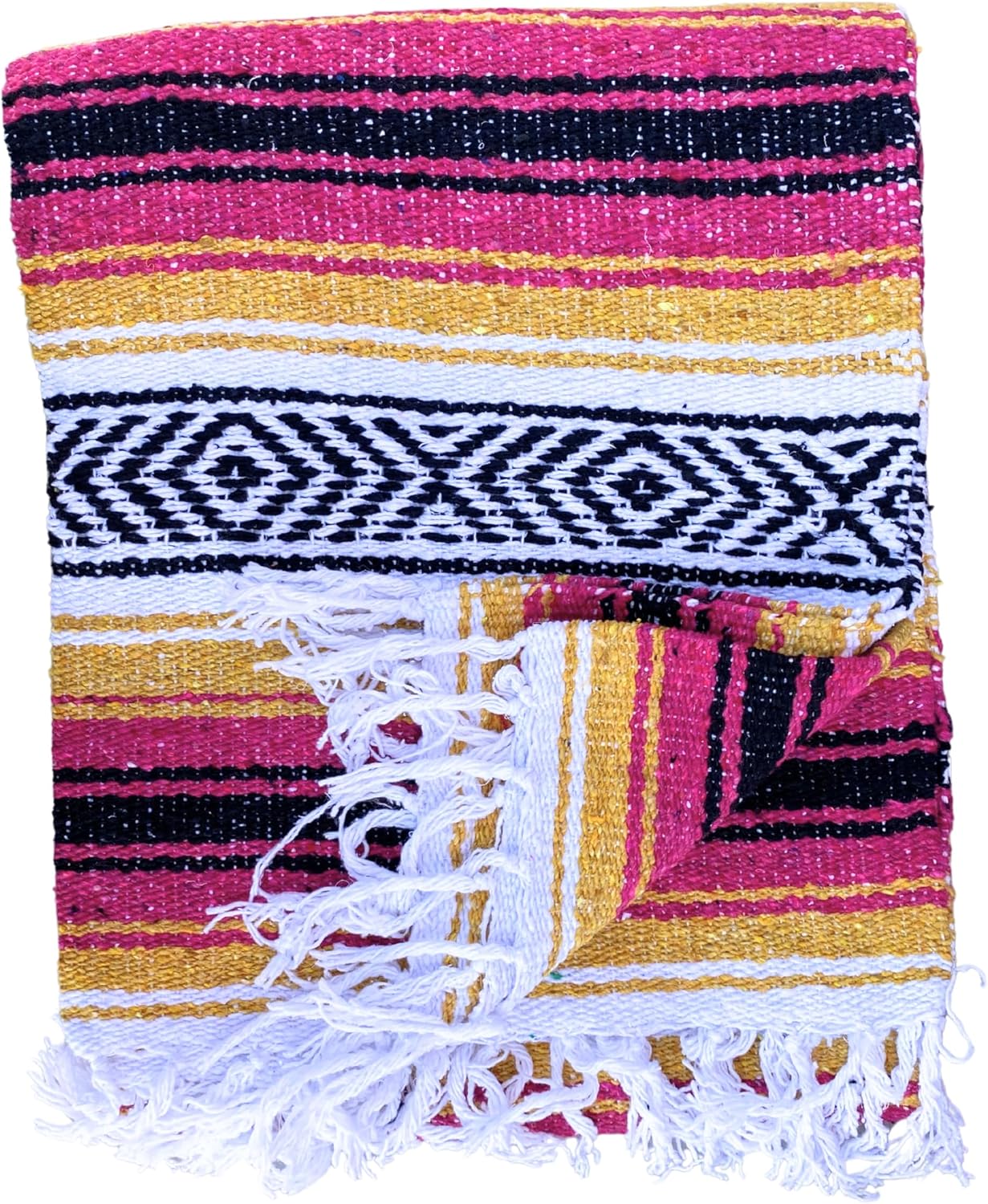 Del Mex Classic Mexican Blanket, Large Authentic Woven Falsa Throw (70"x50"), Artisan Southwest Décor for Beach, Yoga, Outdoors (Gold/Fuchsia)