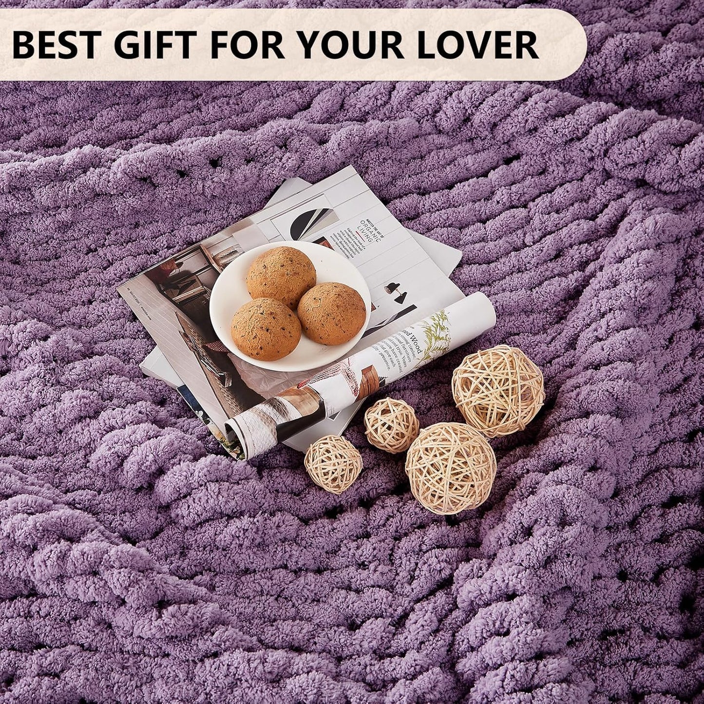 L'AGRATY Chunky Knit Blanket Throw: 60''x80'' Chenille Chunky Knitted Throw Blanket for Bed Couch - Handmade Thick Big Cable Knit Blanket - Large Crochet Rope Blanket for Home Decor(Deep Purple)