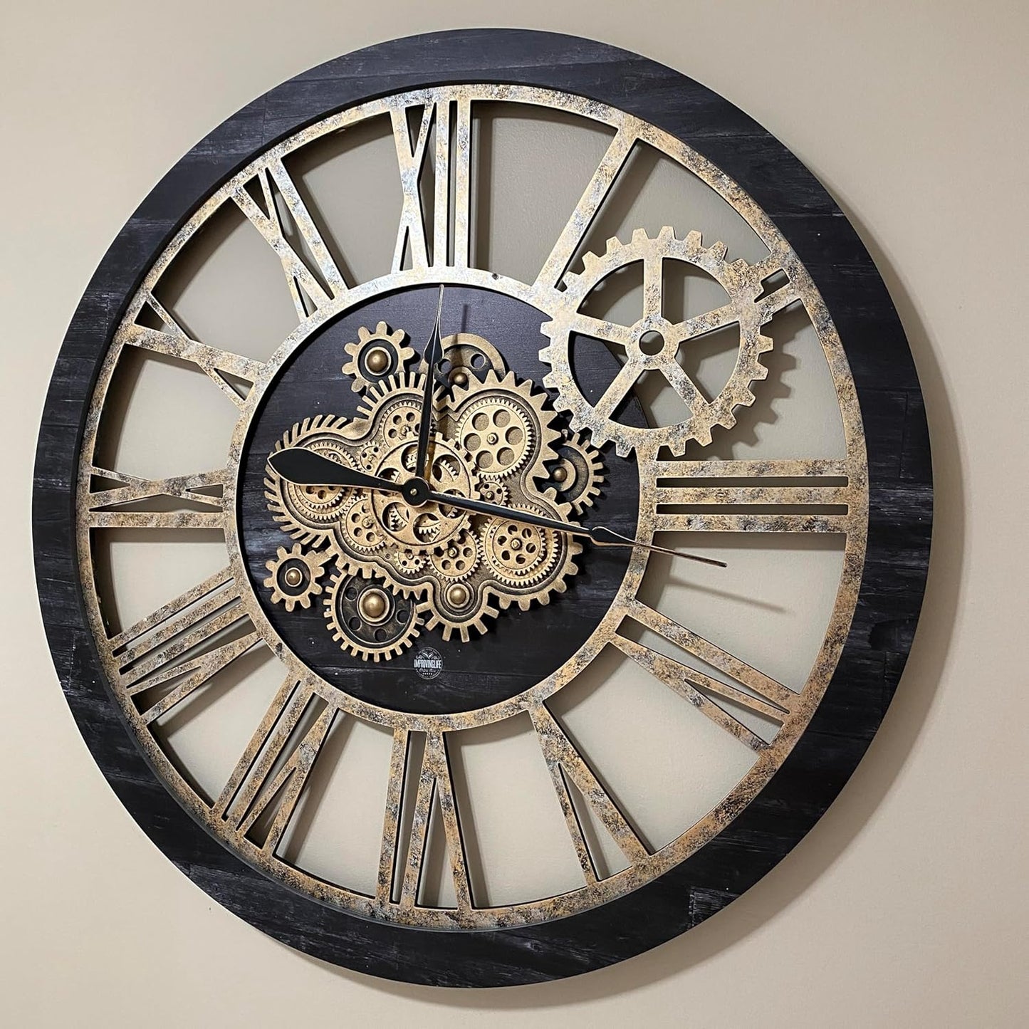 The Gears Clock 36'' Inch Real Moving Gear Wall Clock Vintage Industrial Oversized Rustic Farmhouse (Vintage Black Wood and Bronze)