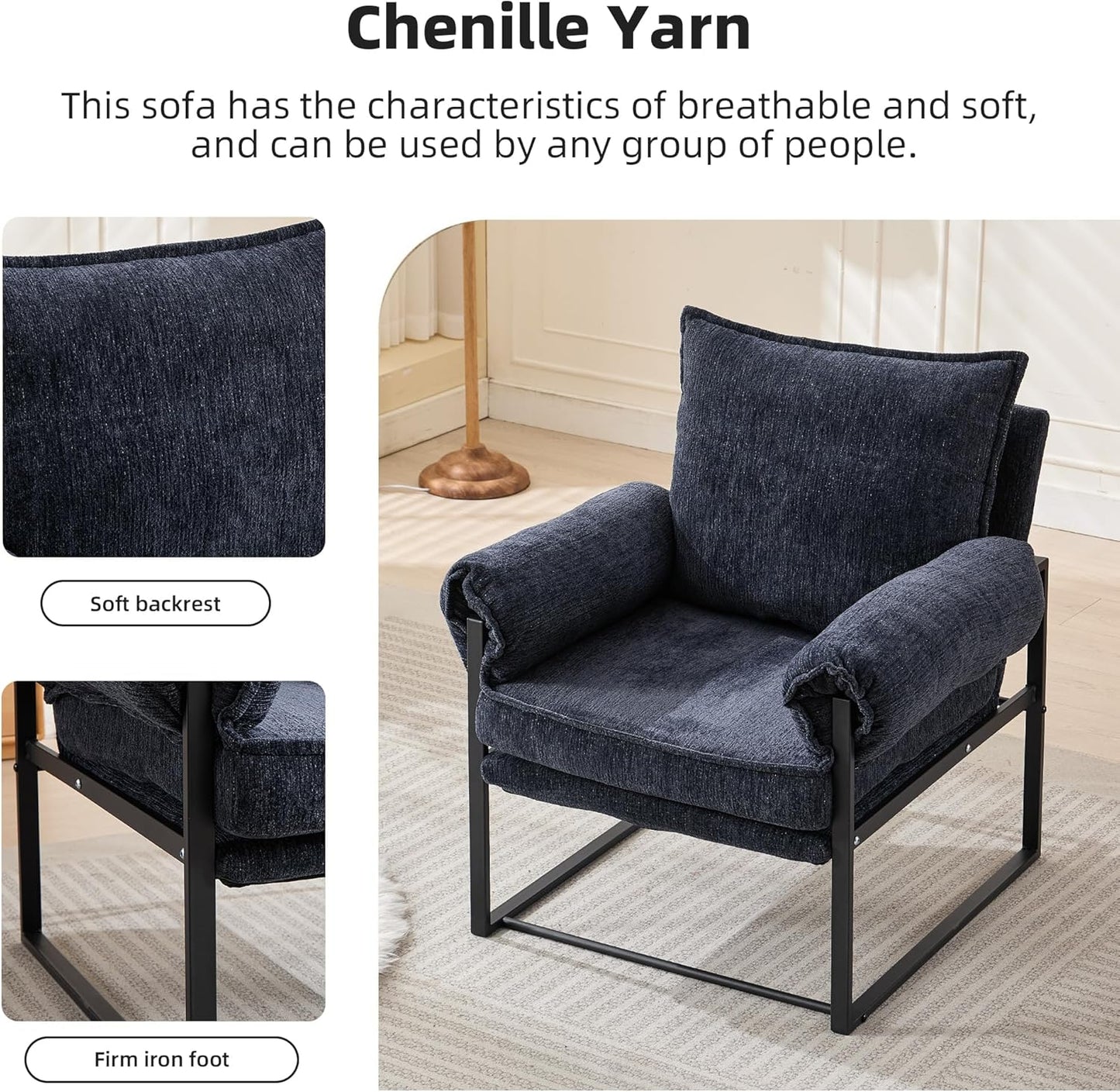 YISHENG Accent Chair with 6-Angle Adjustable Backrest, Chenille Fabric Living Room Chair Upholstered Lounge Chair, Modern Chair Cozy Reclining Chair for Reading Room, 1PC Dark Blue